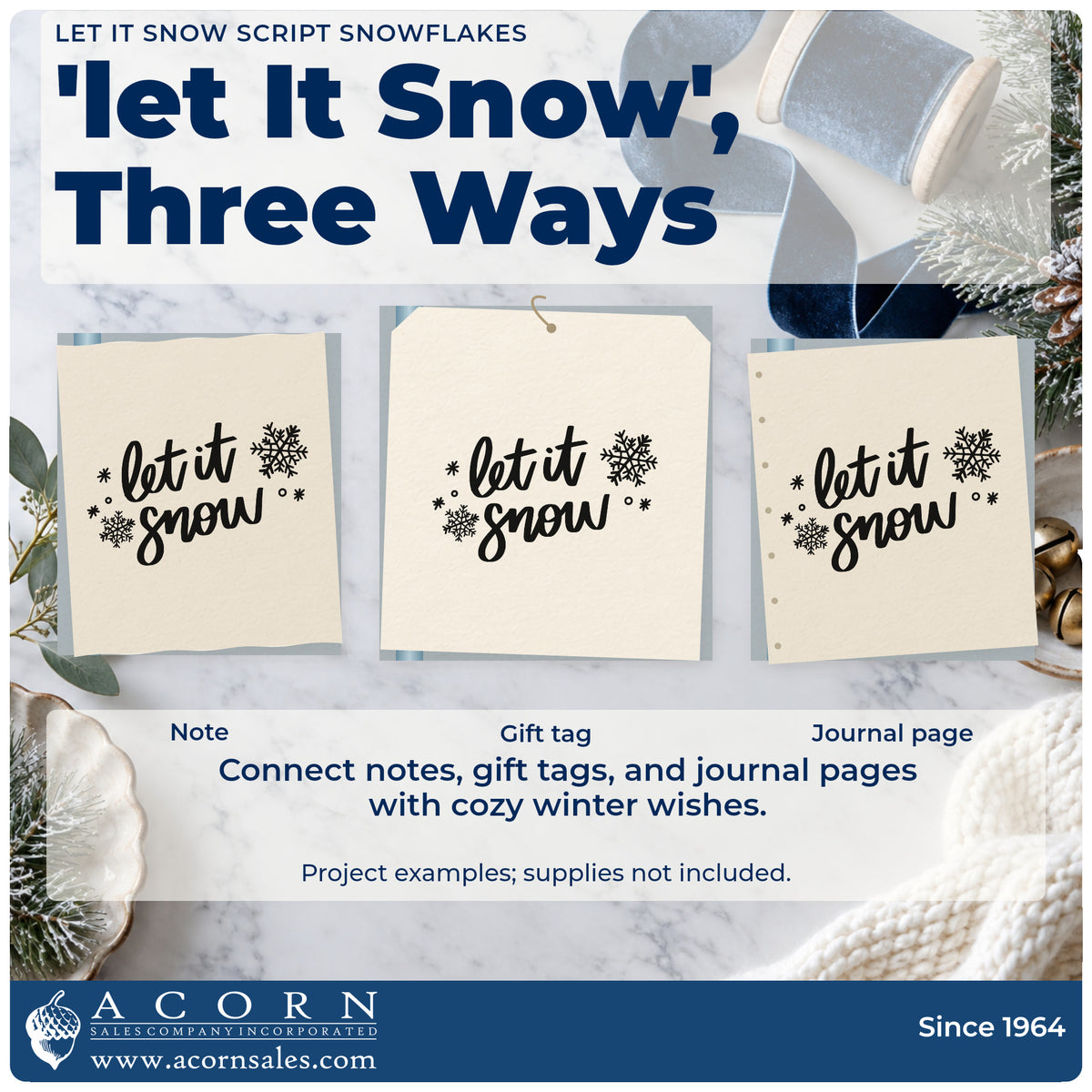 Three project examples made with the Let It Snow Script Snowflakes Flowing Script Stamp – Premium Vintage Pro Wooden, including simple note sheet.
