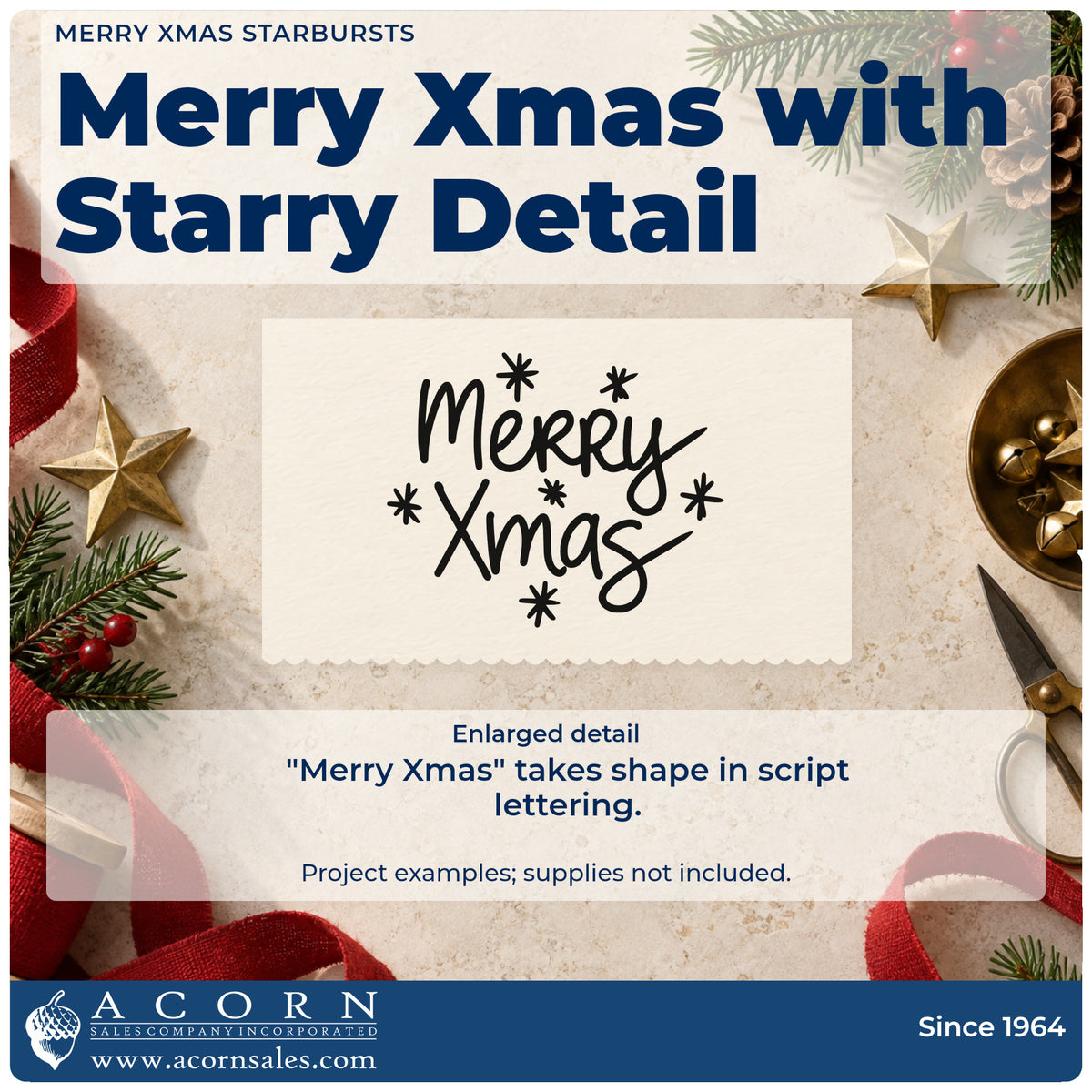 Enlarged detail of the Merry Xmas Starbursts With Sparkles Pre-Inked Stamp – Slim imprint. The words "Merry Xmas" appear in casual script surrounded by simple starbursts.