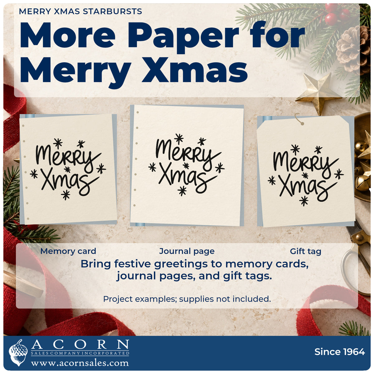 Three project examples made with the Merry Xmas Starbursts With Sparkles Pre-Inked Stamp – Slim, including scratch note sheet.