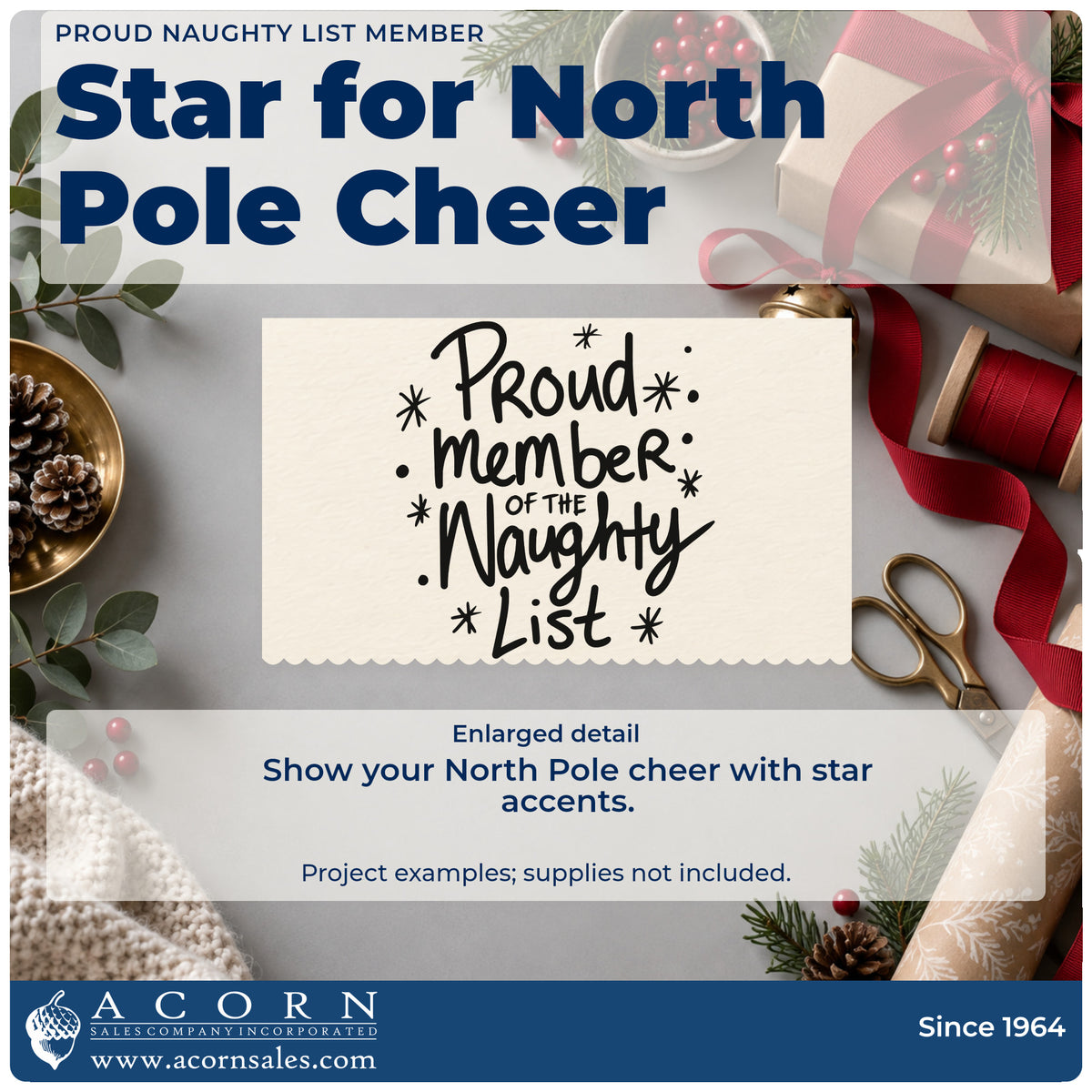 Enlarged detail of the Proud Member Of The Naughty List Rubber Stamp – Wood Handle imprint. The words "Proud member of the naughty list" appear with scattered stars and dots.