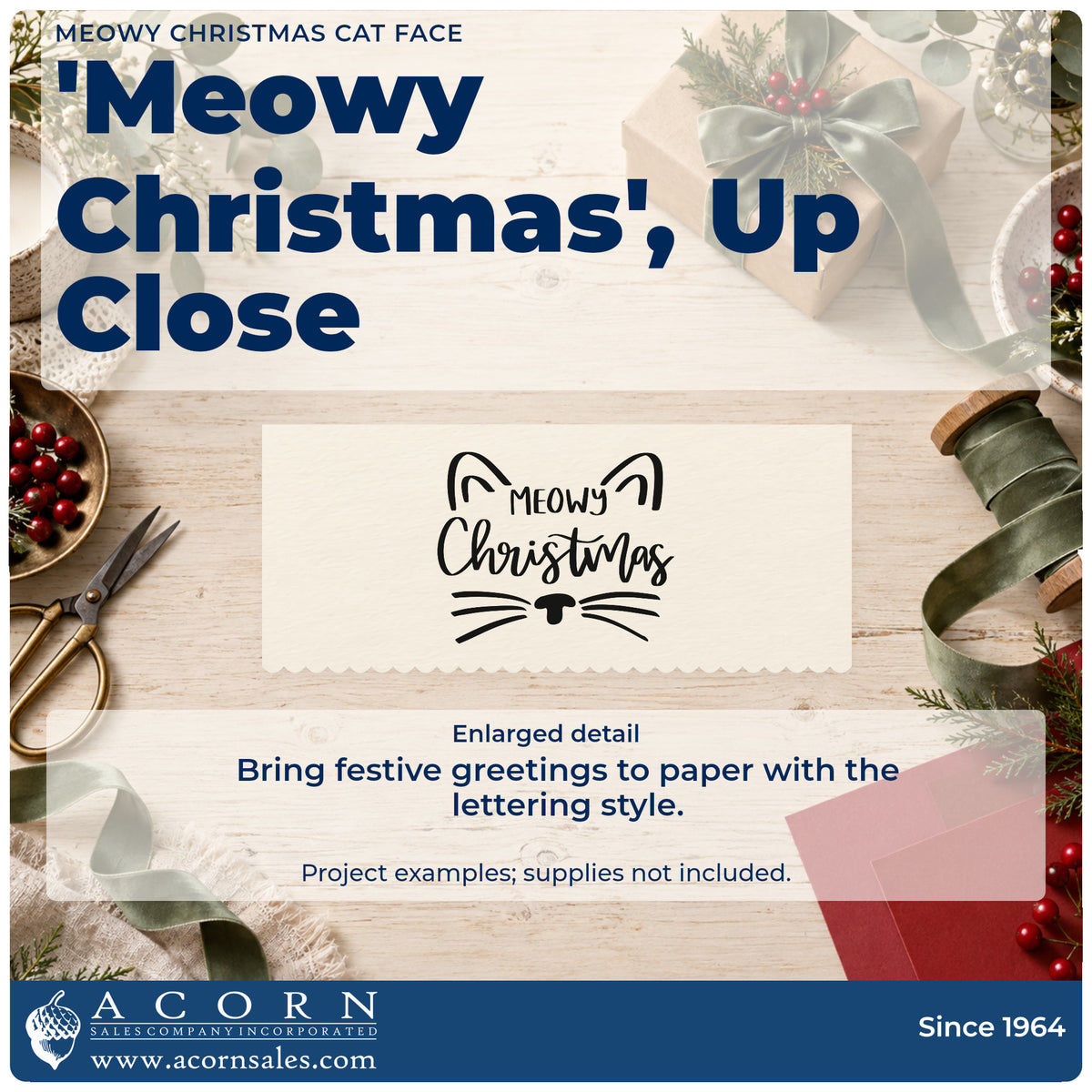 Enlarged detail of the Meowy Christmas Cat Face Lettering Rubber Stamp – Duo Hand imprint. The words "Meowy Christmas" form a cat face with ears, whiskers, and a nose.