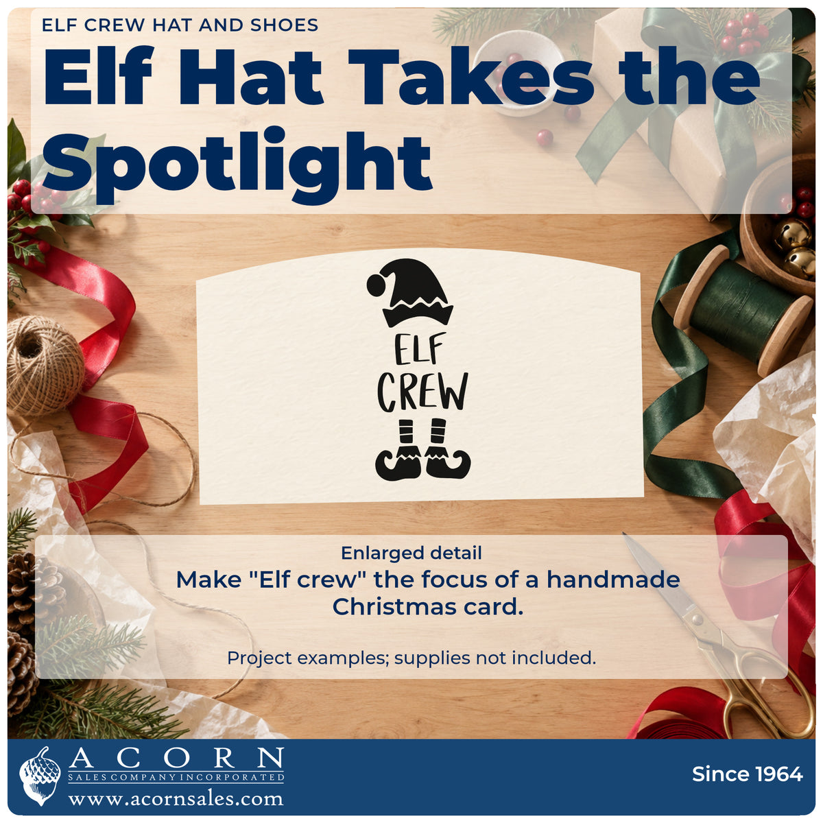 Enlarged detail of the Elf Crew Hat And Shoes Self-Inking Stamp imprint. The words "Elf crew" appear between a pointed elf hat and striped legs with curled shoes.