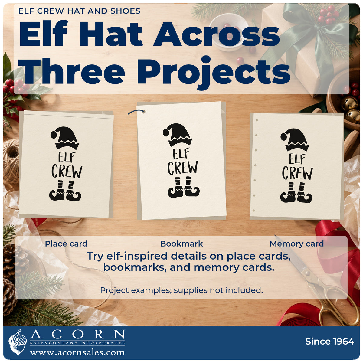 Three project examples made with the Elf Crew Hat And Shoes Stamp – PSI Pre-Inked, including striped sock tags.