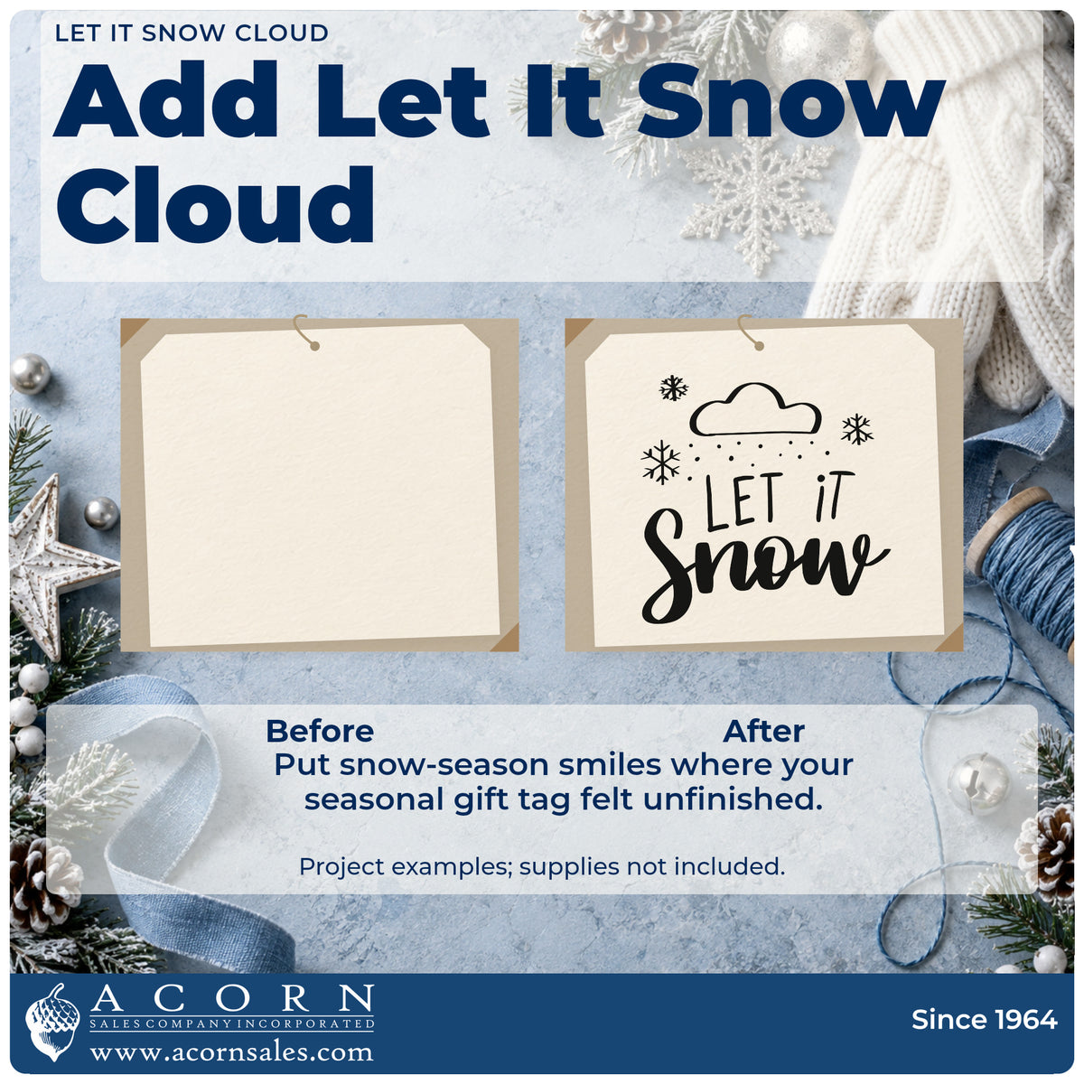 Before and after of a plain item finished with the Let It Snow Cloud Snowflakes Rubber Stamp – Wood Handle, a quick upgrade for framed ceiling nook.