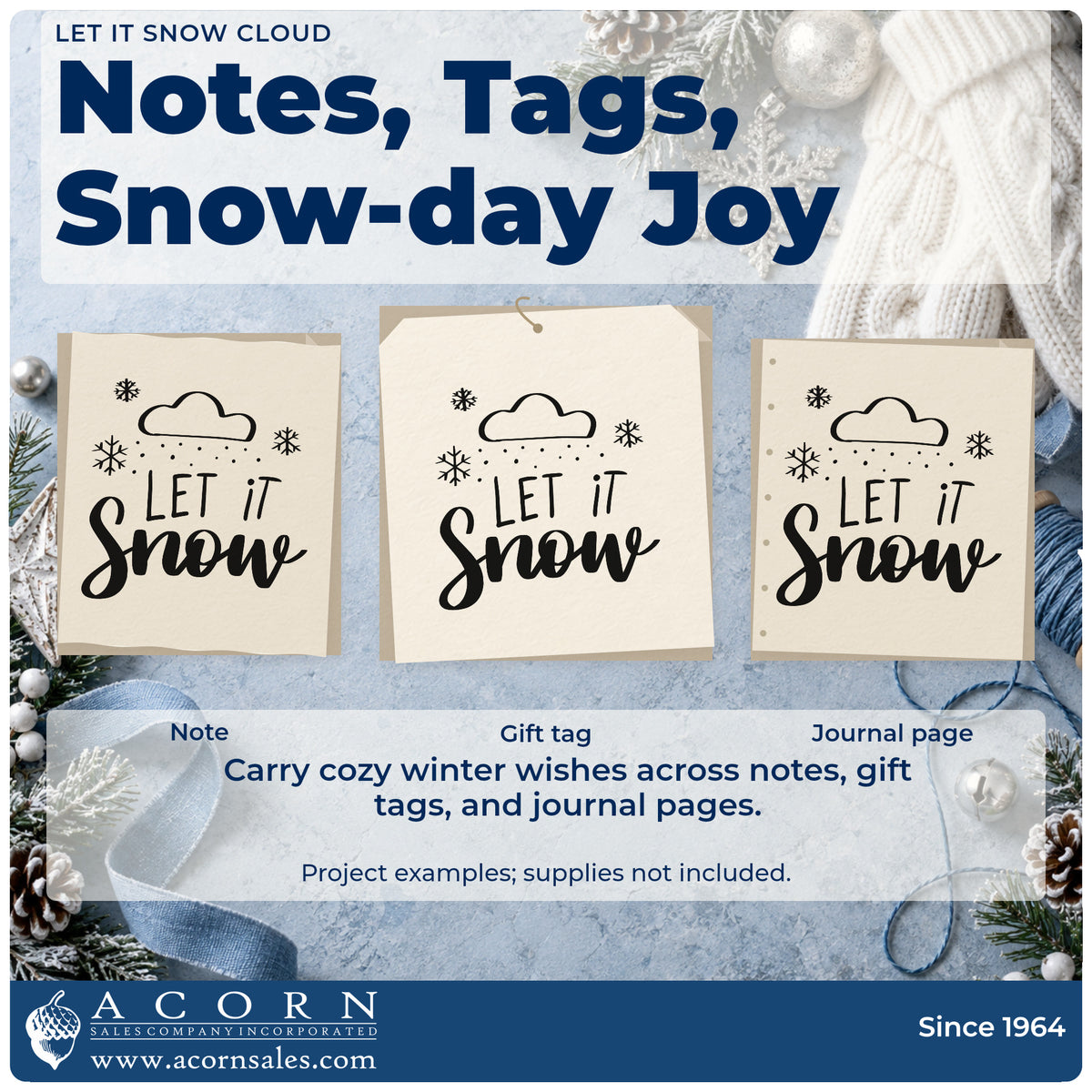 Three project examples made with the Let It Snow Cloud Snowflakes Rubber Stamp – Wood Handle, including snowfall log sheet.