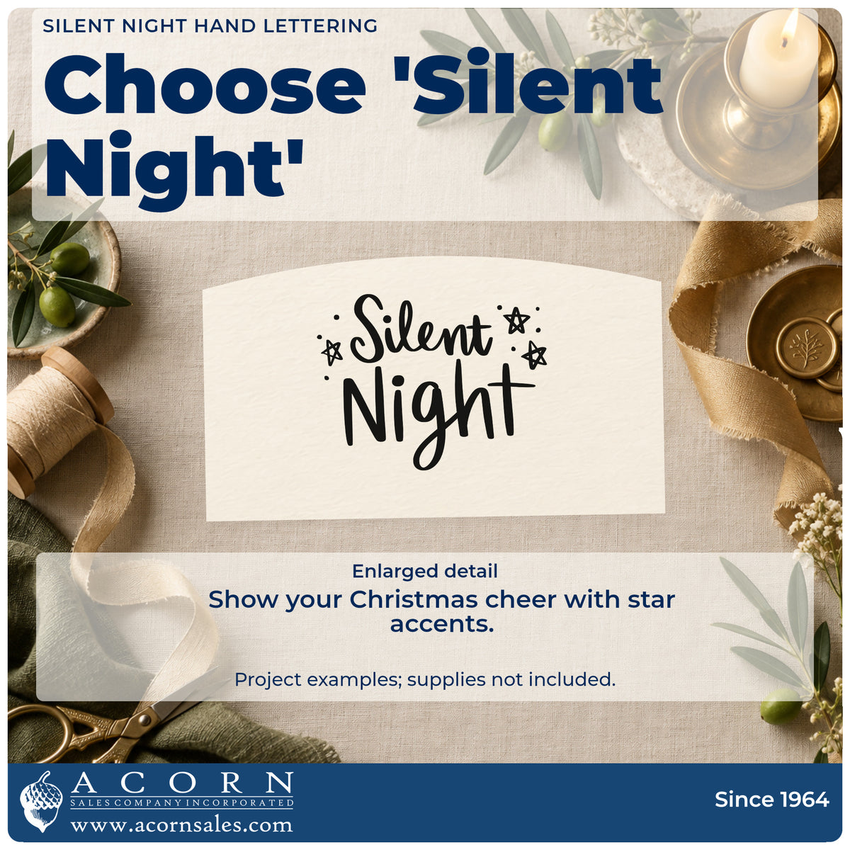 Enlarged detail of the Silent Night Craft Stamp – Self-Inking imprint. The words "Silent night" appear with outlined stars and scattered dots.