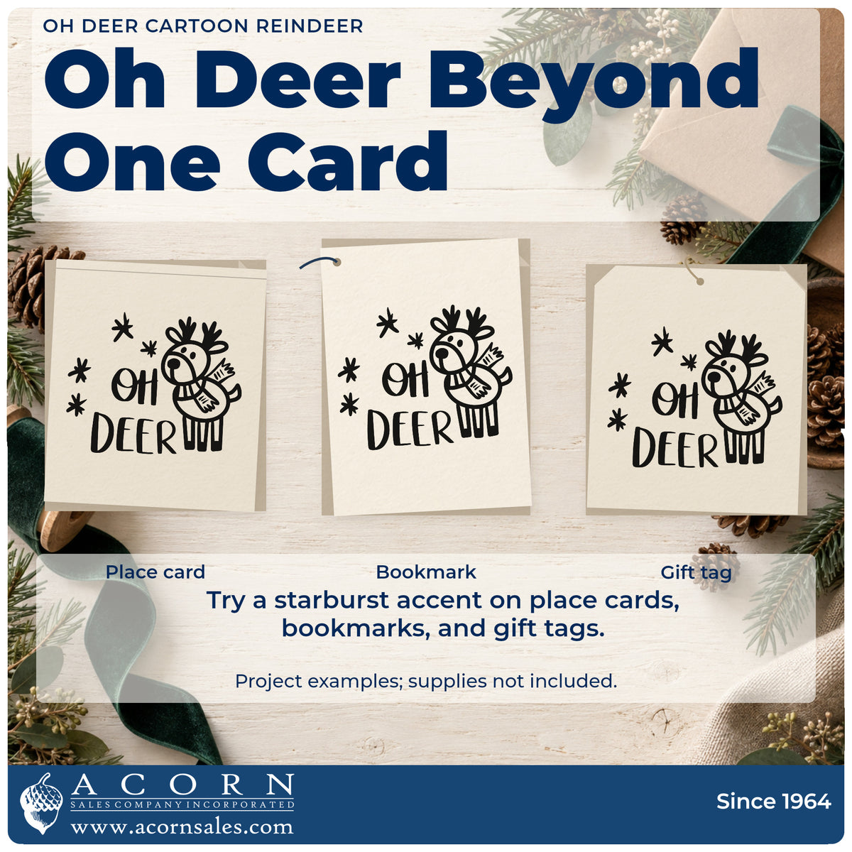 Three project examples made with the Oh Deer Cartoon Reindeer Self-Inking Stamp, including sticker chart sheet.