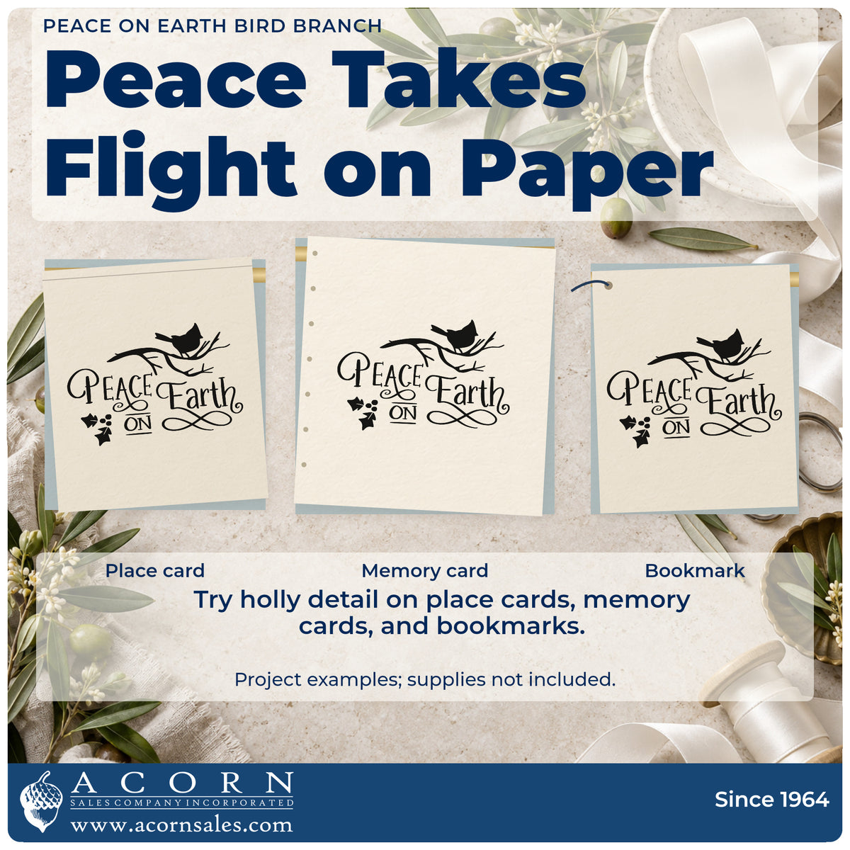 Three project examples made with the Peace On Earth Bird Branch Holly Premium Wooden Stamp – Vintage Pro, including sighting log sheet.