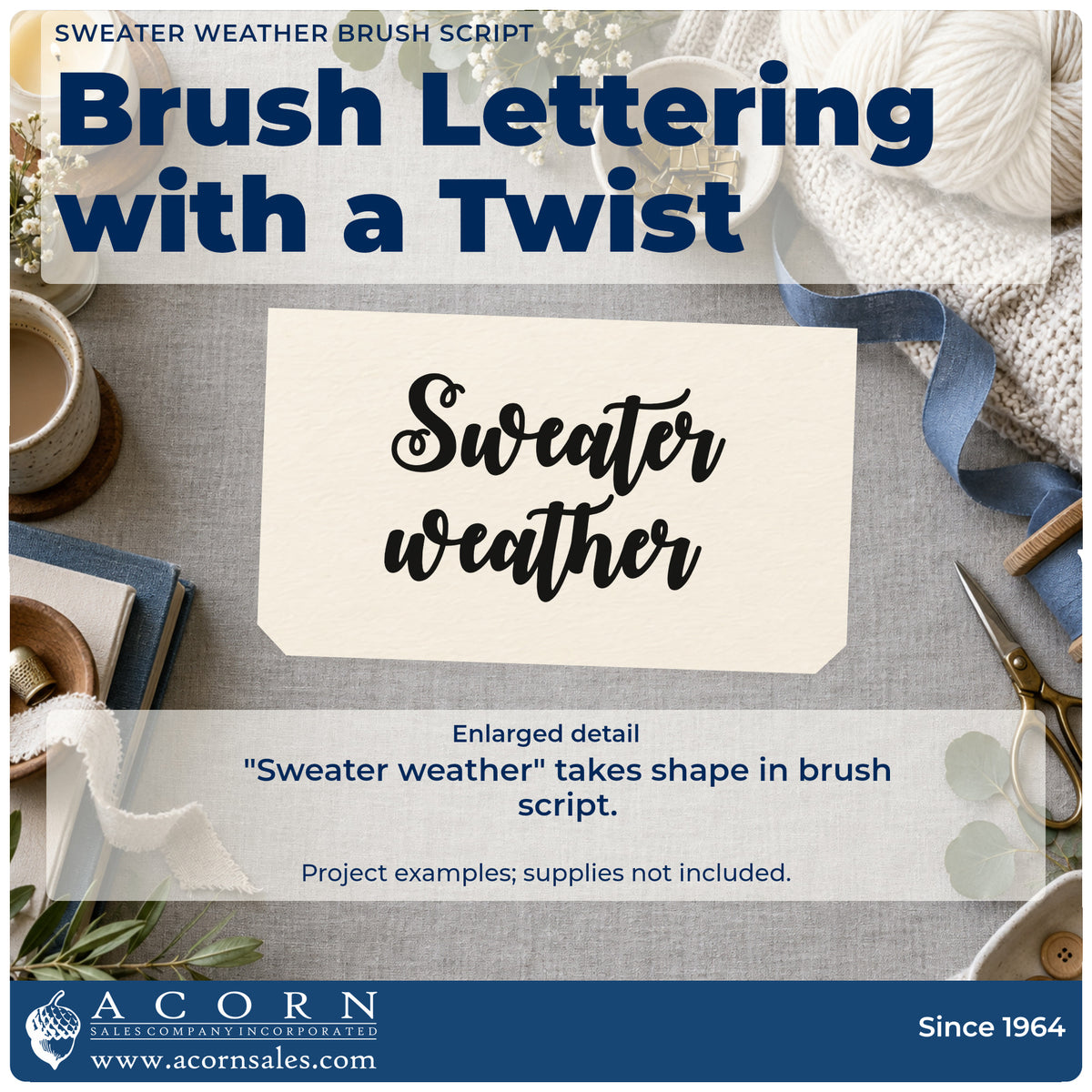 Enlarged detail of the Sweater Weather Brush Script Rubber Stamp – Duo Hand imprint. The words "Sweater weather" appear in heavy flowing brush script.