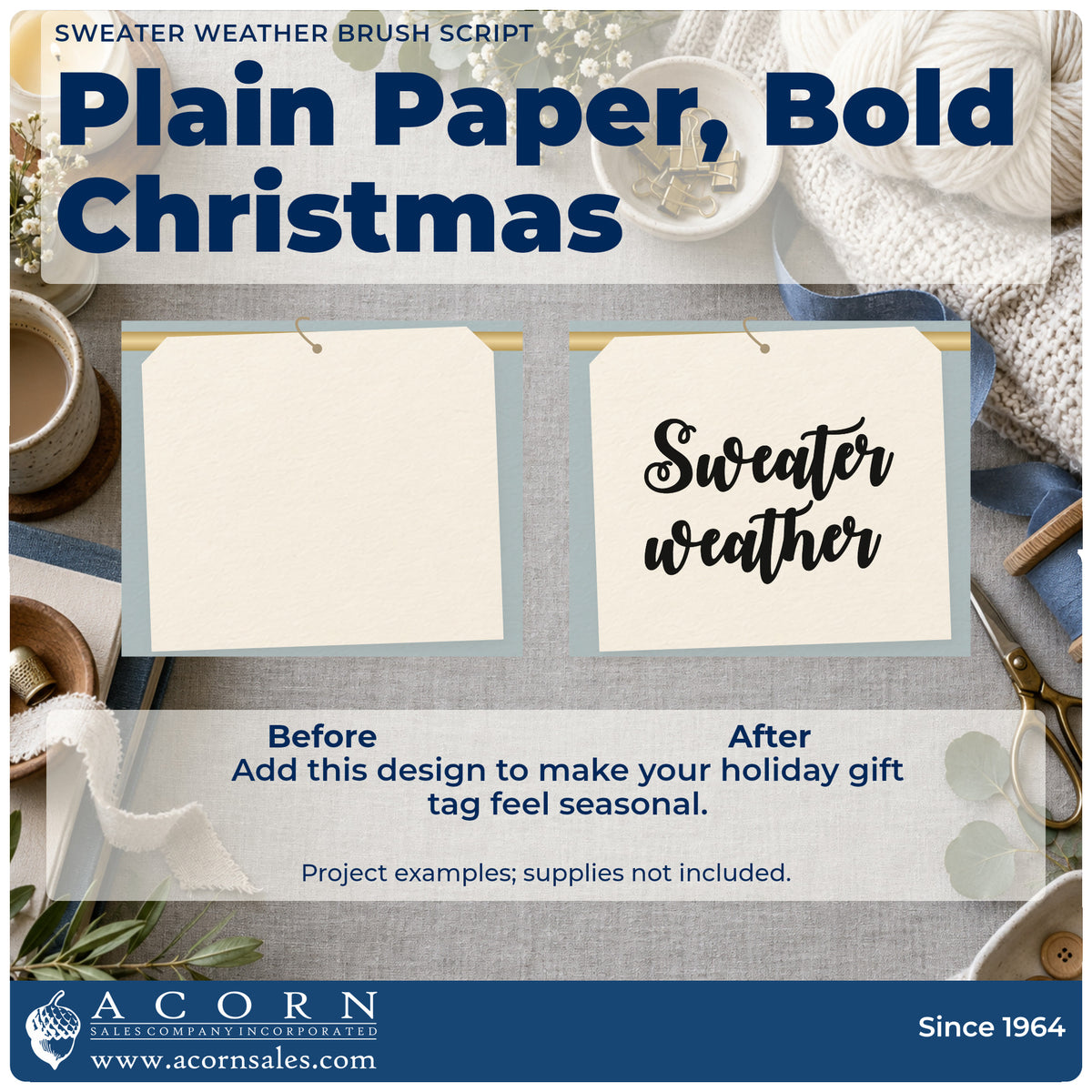 Before and after of a plain item finished with the Sweater Weather Brush Script Self-Inking Craft Stamp, a quick upgrade for framed bold print.