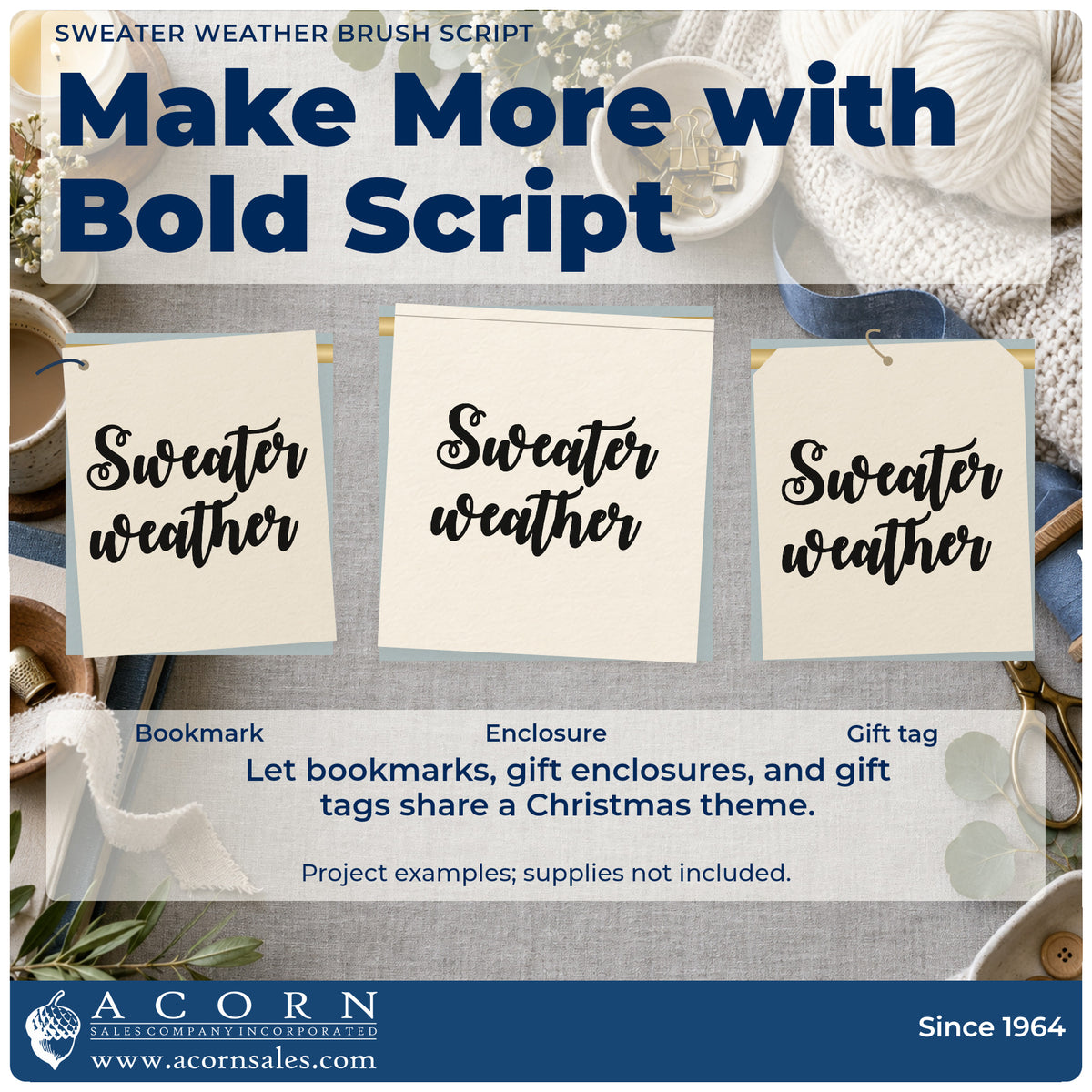 Three project examples made with the Sweater Weather Brush Script Pre-Inked Stamp – PSI, including big note sheet.
