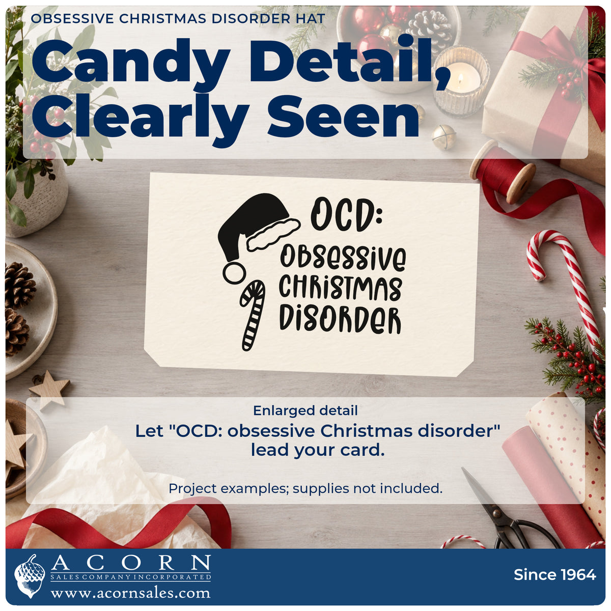 Enlarged detail of the Obsessive Christmas Disorder Hat Candy Cane PSI Pre-Inked Stamp imprint. The words "OCD: obsessive Christmas disorder" appear beside a Santa hat and candy cane.