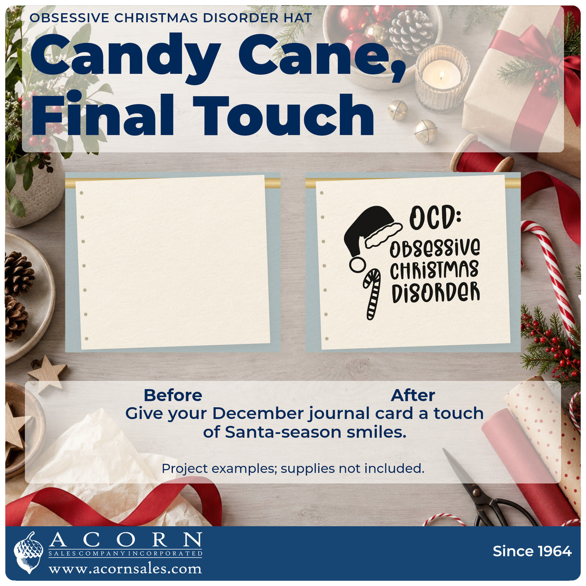 Before and after of a plain item finished with the Obsessive Christmas Disorder Hat Candy Cane Self-Inking Stamp, a quick upgrade for shop tote printing.