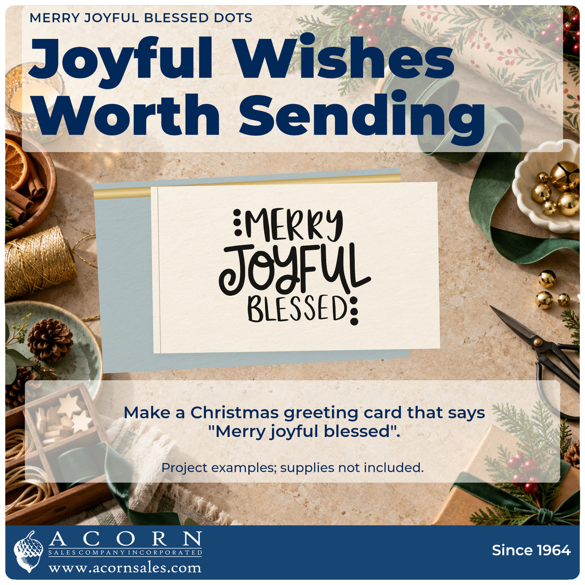 A finished handmade project stamped with the Self-Inking Merry Joyful Blessed Dots Stamp, ideal for edge rule album.