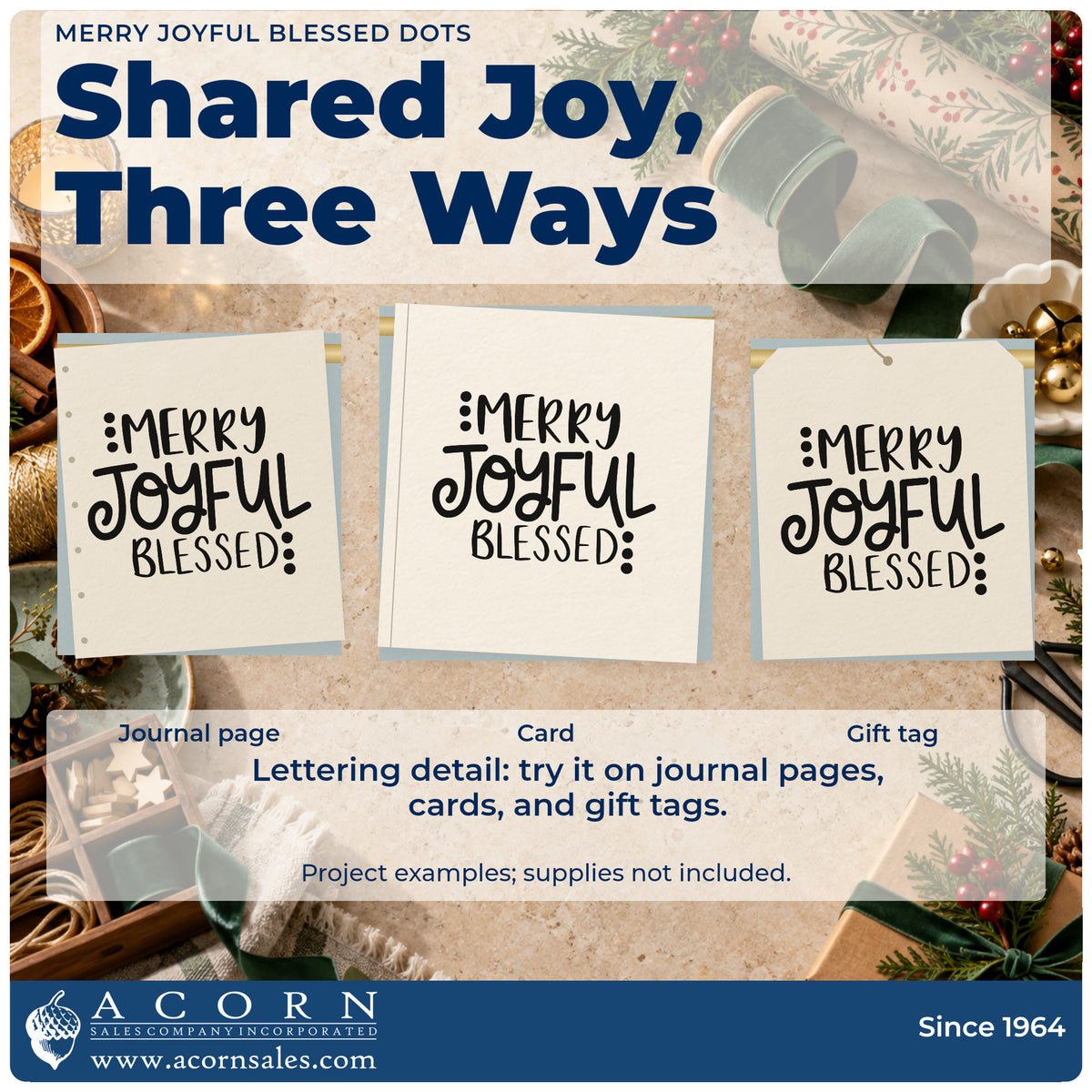 Three project examples made with the Merry Joyful Blessed Dots Slim Pre-Inked Stamp, including margin rule sheet.