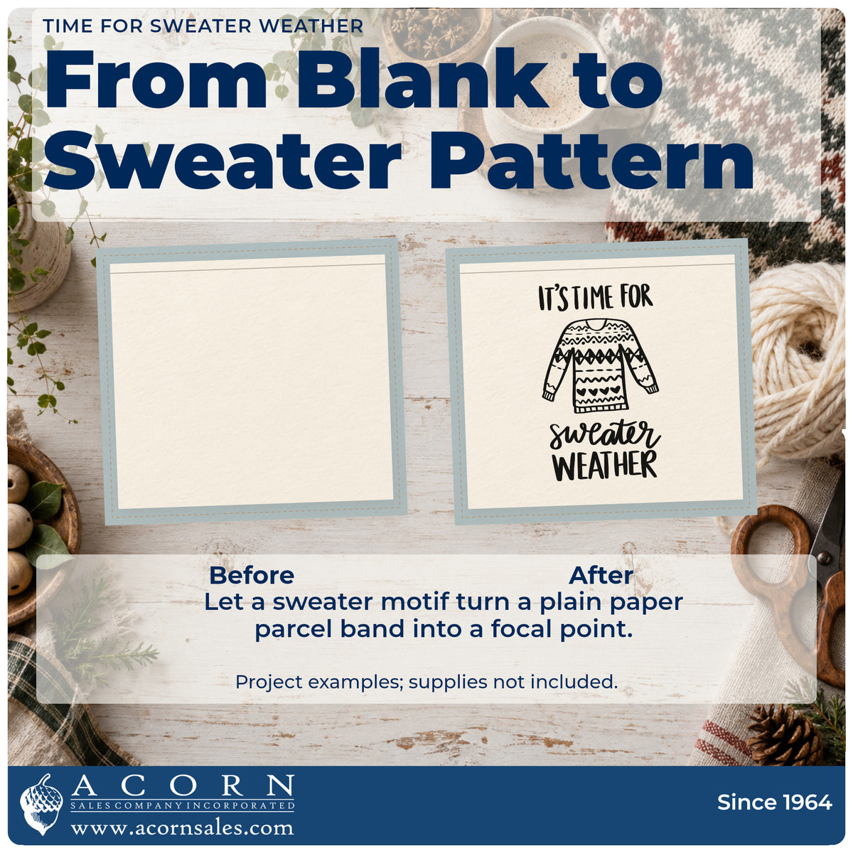 Before and after of a plain item finished with the Time For Sweater Weather Rubber Stamp – Duo Hand, a quick upgrade for framed stacked pair.