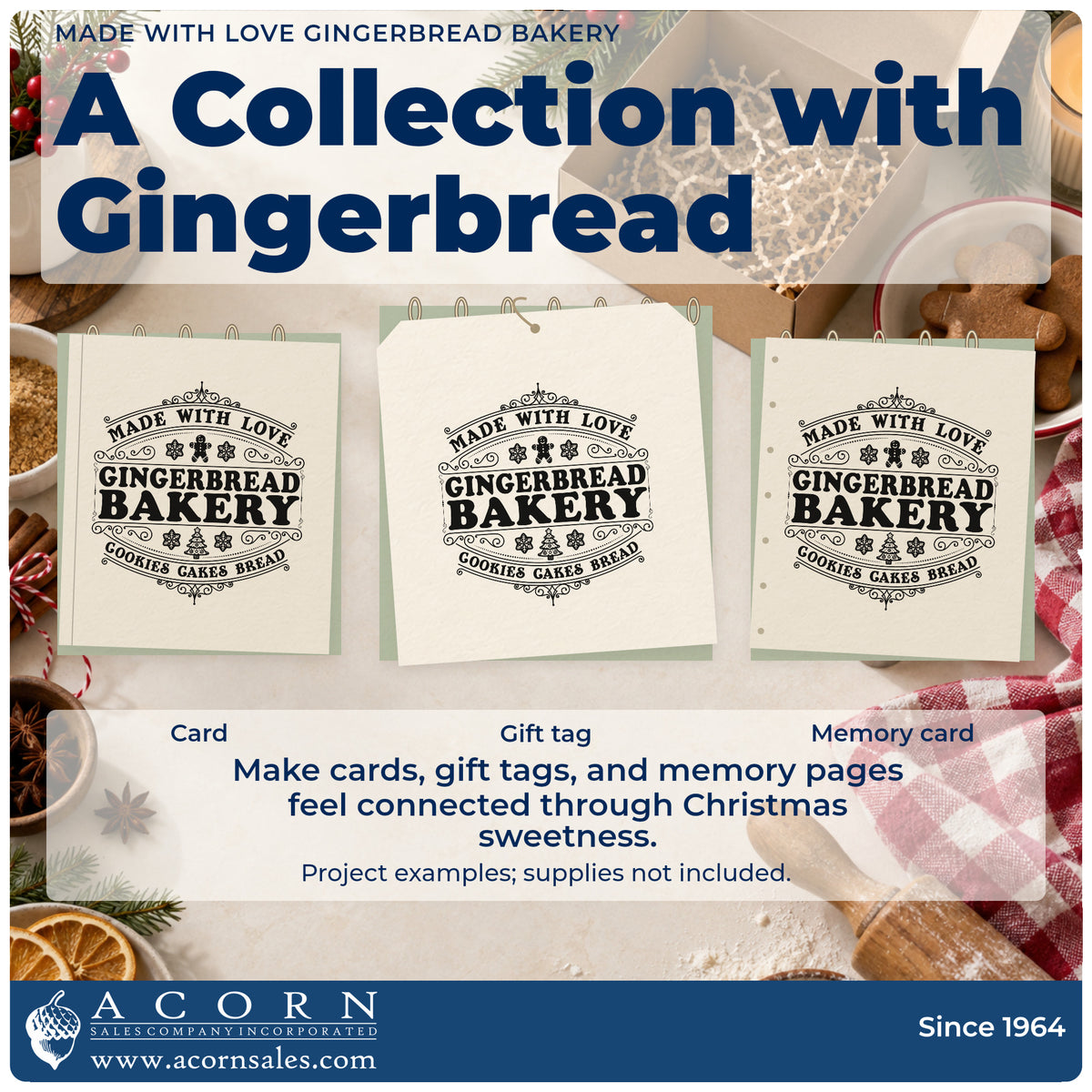 Three project examples made with the Made With Love Gingerbread Bakery Tree Motif Hand Stamp – Duo, including daily bake sheet.