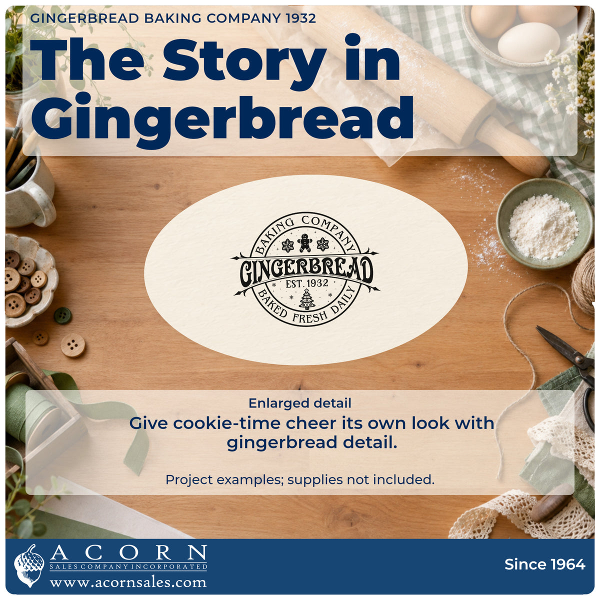 Enlarged detail of the Baking Company Gingerbread Est. 1932 Baked Fresh Daily Slim Pre-Inked Stamp imprint. A circular badge reads "Baking company gingerbread est. 1932 baked fresh daily" with gingerbread, snowflakes, and a tree.