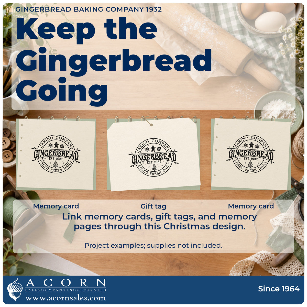 Three project examples made with the Baking Company Gingerbread Est. 1932 Baked Fresh Daily Self-Inking Stamp, including year record sheet.