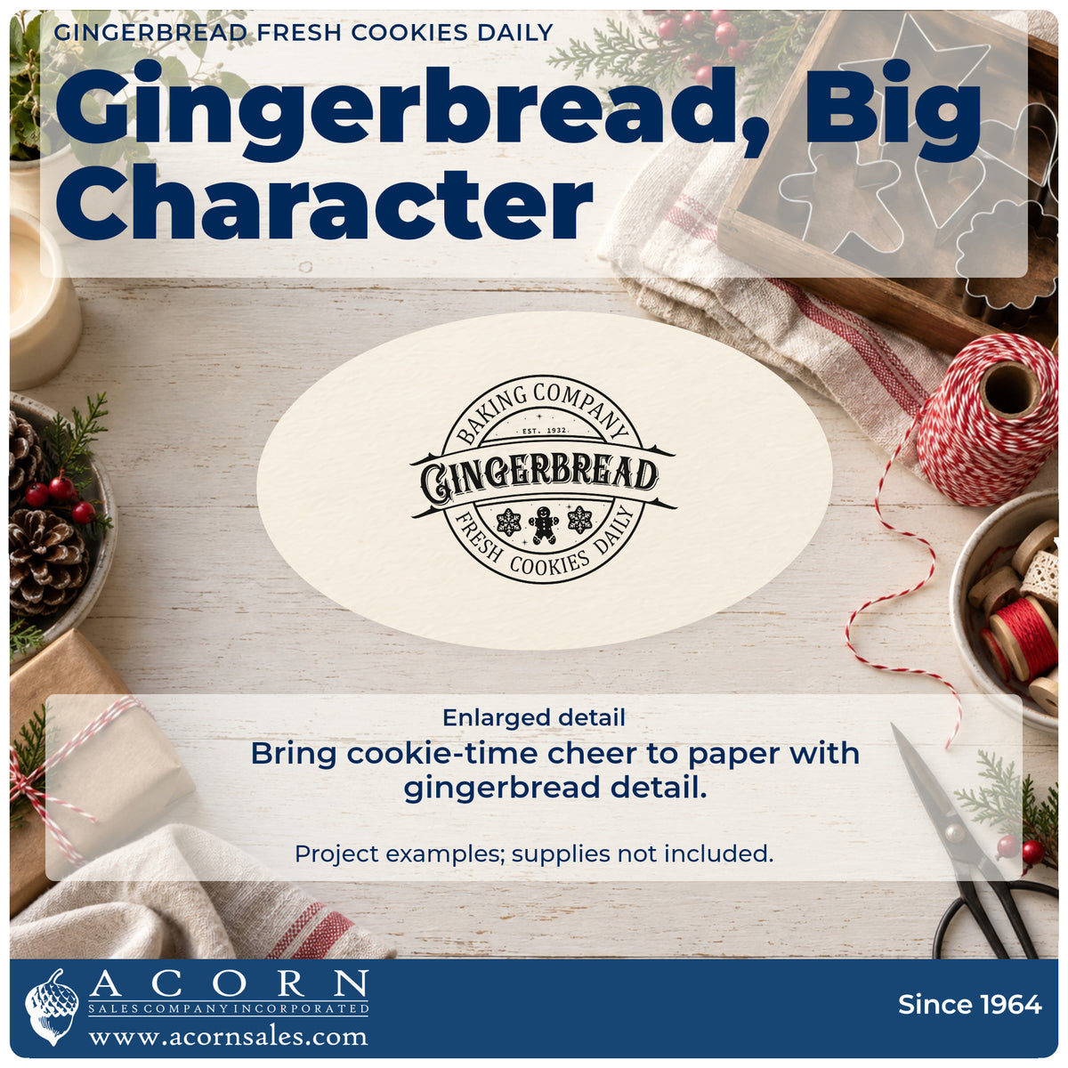 Enlarged detail of the Gingerbread Fresh Cookies Daily Craft Stamp – Self-Inking imprint. A circular badge reads "Baking company gingerbread fresh cookies daily" with gingerbread and snowflake icons.
