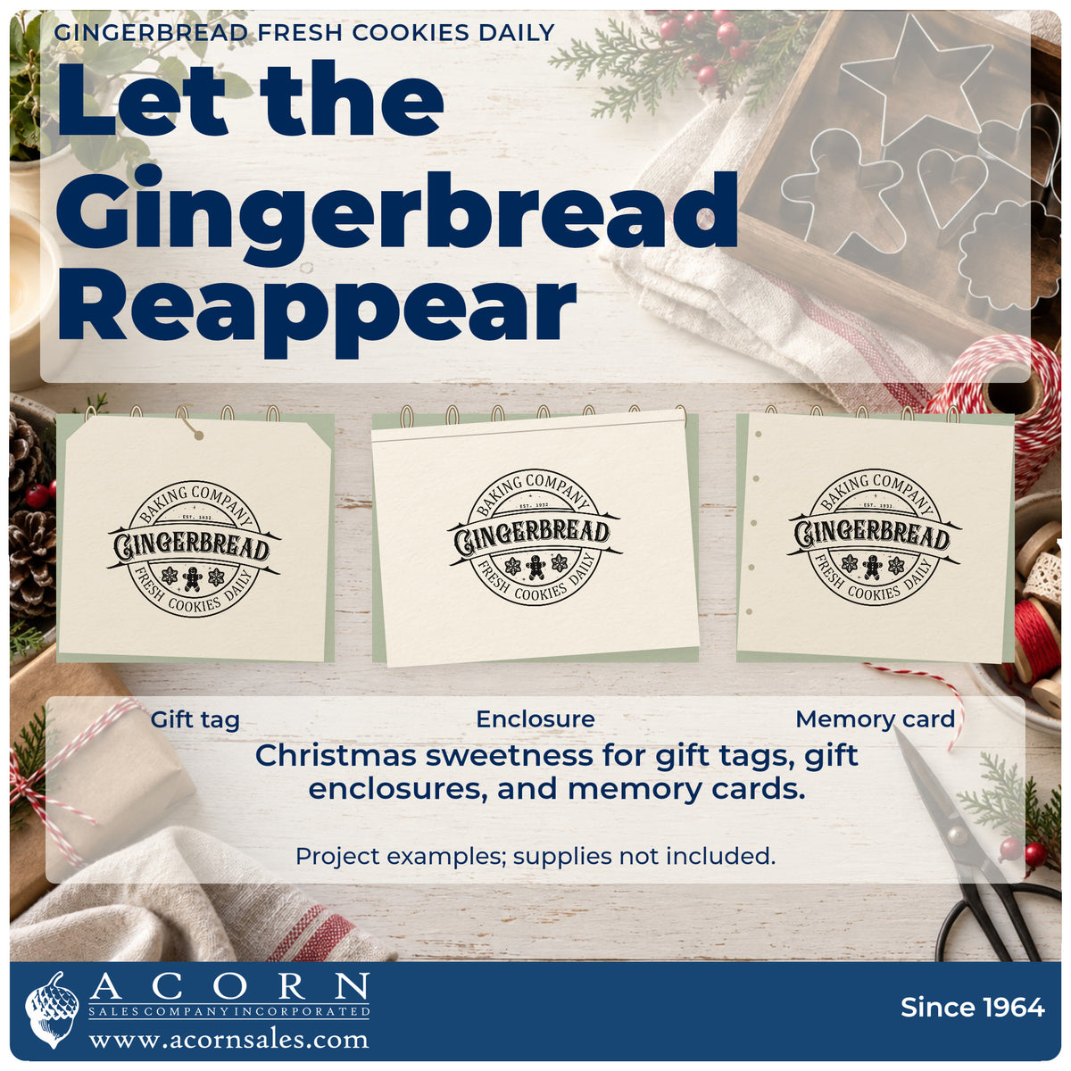 Three project examples made with the Gingerbread Fresh Cookies Daily Craft Stamp – Self-Inking, including prep schedule sheet.