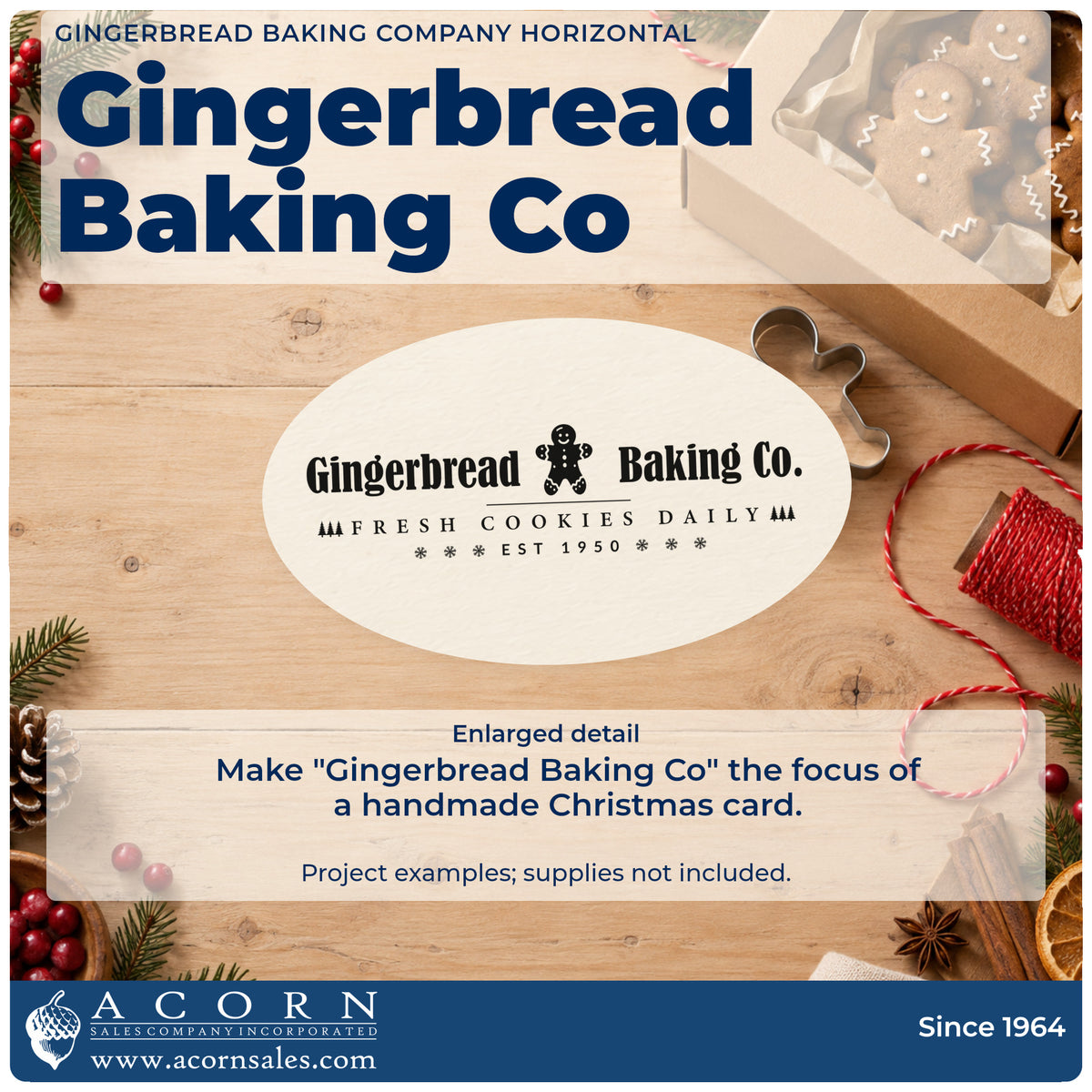Enlarged detail of the Gingerbread Baking Company Horizontal Premium Wooden Stamp – Vintage Pro imprint. The words "Gingerbread Baking Co." flank a gingerbread figure above "fresh cookies daily" and "est 1950."