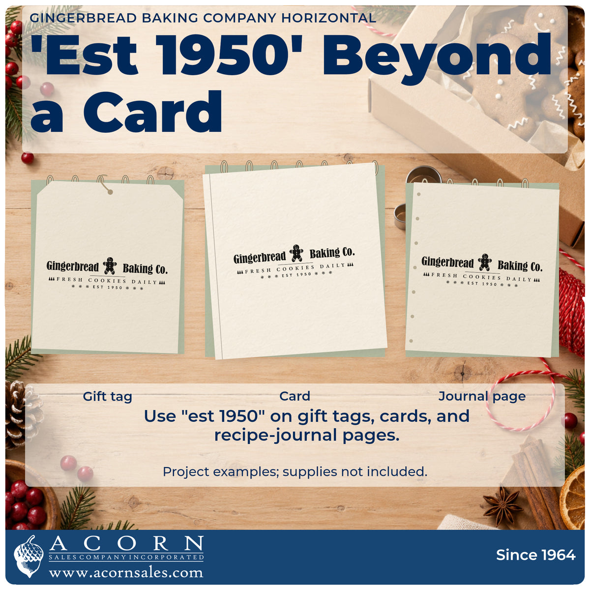 Three project examples made with the Gingerbread Baking Company Horizontal PSI Pre-Inked Stamp, including brand note sheet.