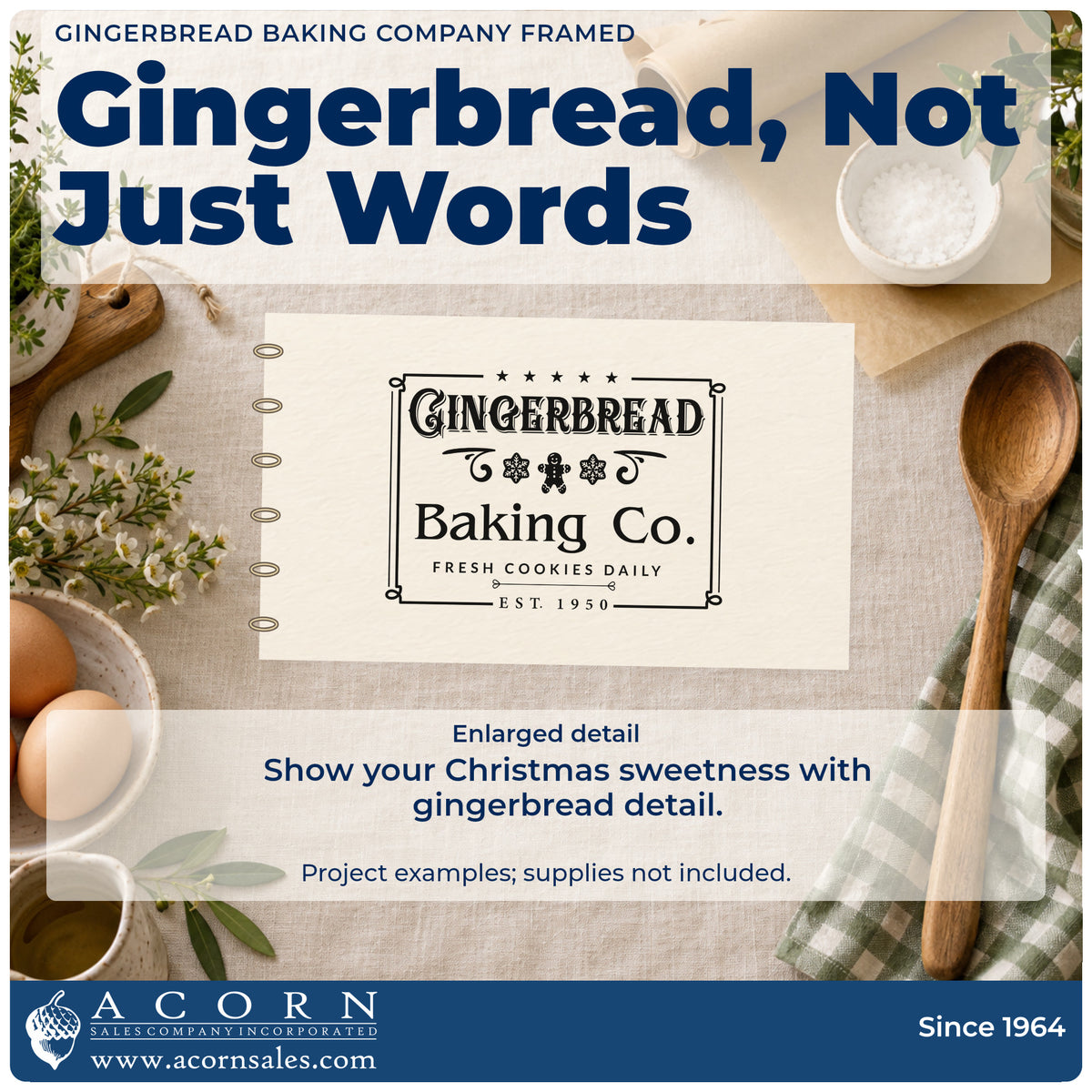 Enlarged detail of the Gingerbread Baking Company Framed Snowflakes Slim Pre-Inked Stamp imprint. An outlined rectangular emblem reads "Gingerbread Baking Co. fresh cookies daily" with a gingerbread figure, snowflakes, and stars.