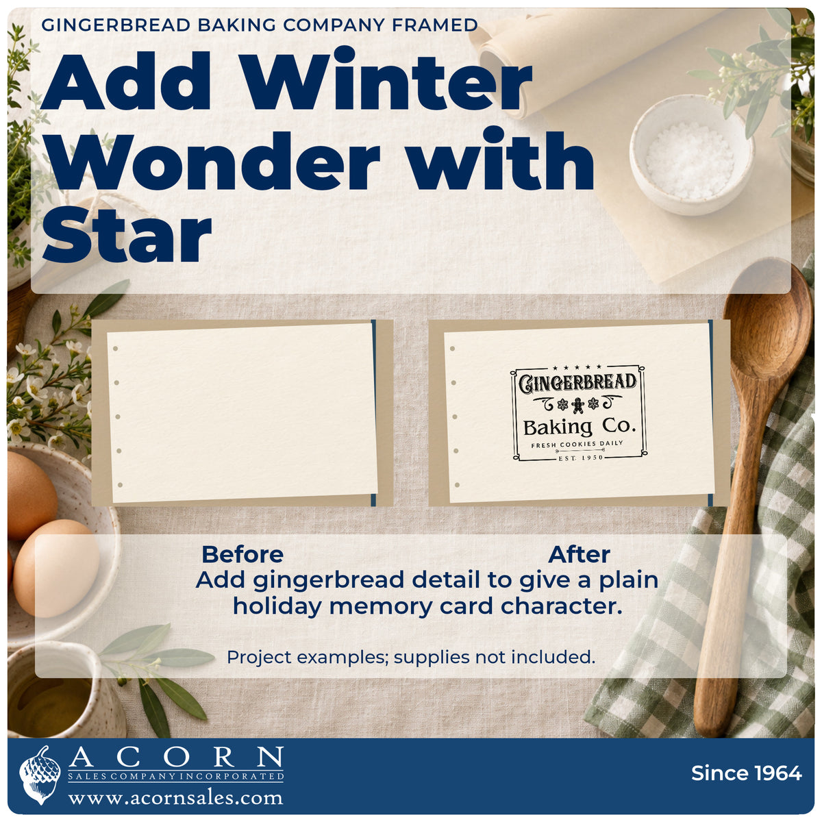 Before and after of a plain item finished with the Gingerbread Baking Company Framed Snowflakes Stamp – Self-Inking, a quick upgrade for framed square mat.