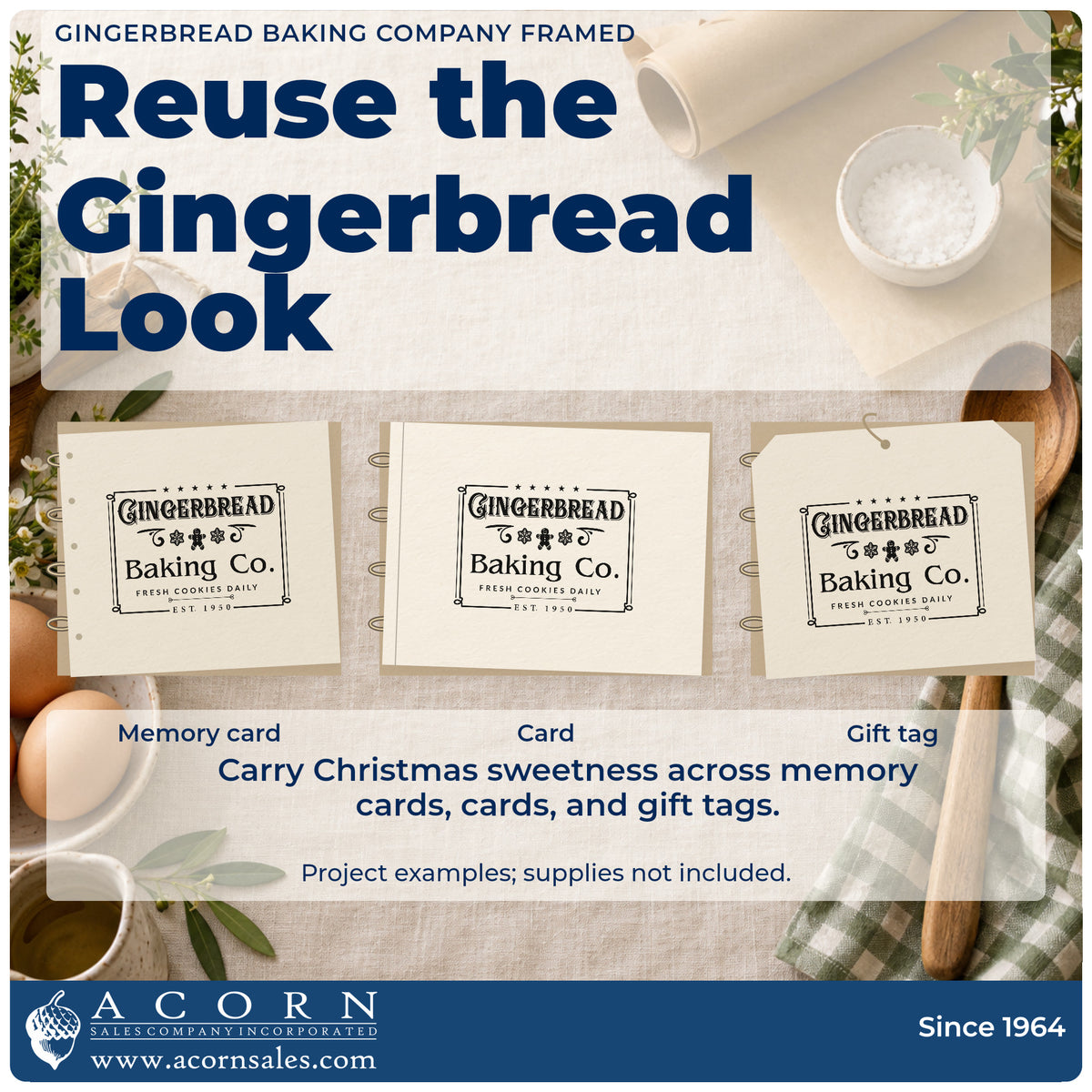 Three project examples made with the Gingerbread Baking Company Framed Snowflakes Stamp – Premium Vintage Pro Wooden, including ruled form sheet.