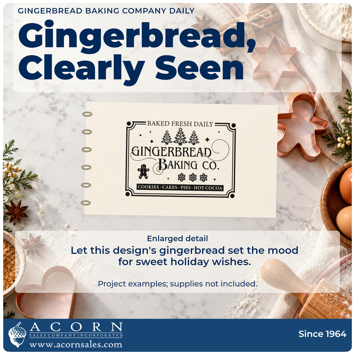 Enlarged detail of the Gingerbread Baking Company Daily Premium Wood-Mounted Stamp – Vintage Pro imprint. A vintage bordered sign reads "Baked fresh daily Gingerbread Baking Co." with trees, gingerbread, snowflakes, and small decorative stars.