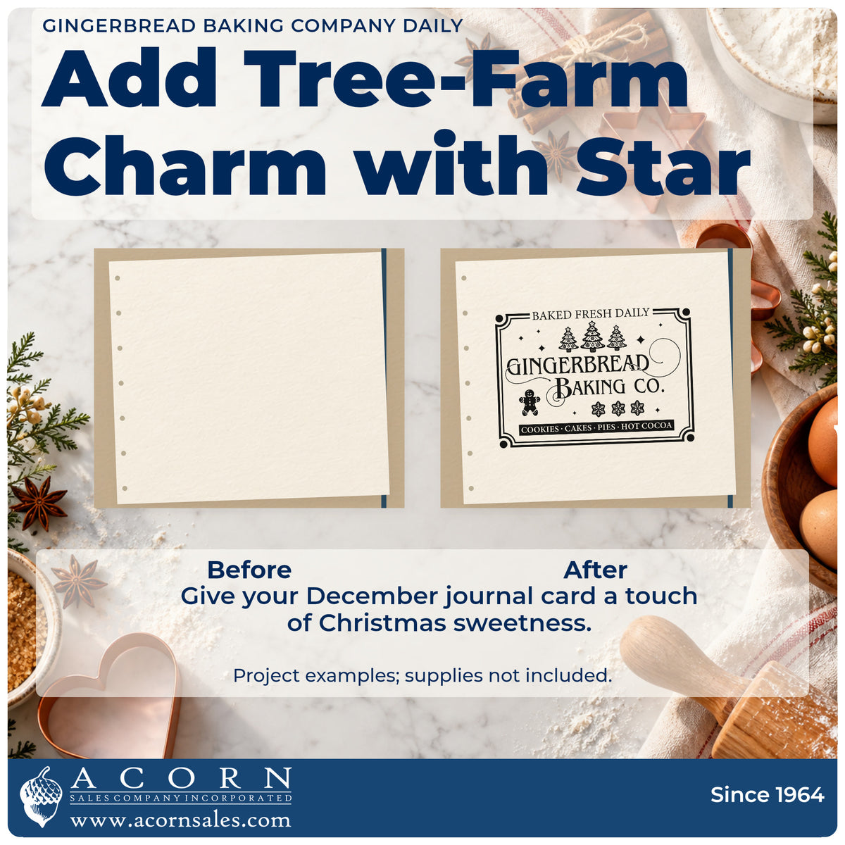 Before and after of a plain item finished with the Gingerbread Baking Company Daily Self-Inking Craft Stamp, a quick upgrade for framed booth panel.