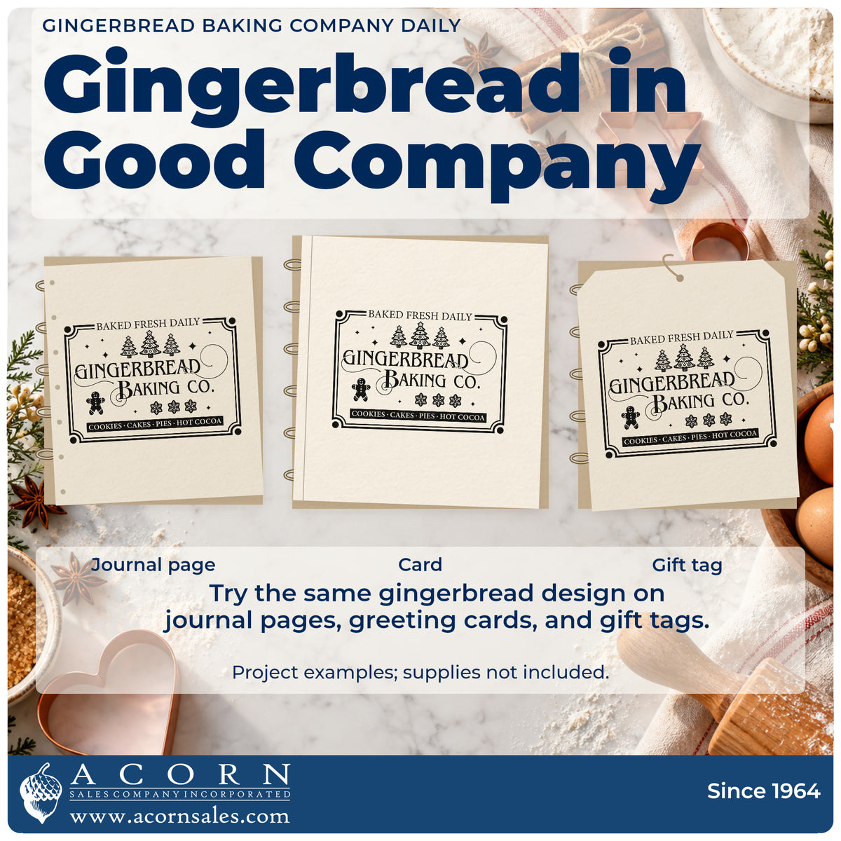 Three project examples made with the Gingerbread Baking Company Daily Premium Wood-Mounted Stamp – Vintage Pro, including market day sheet.