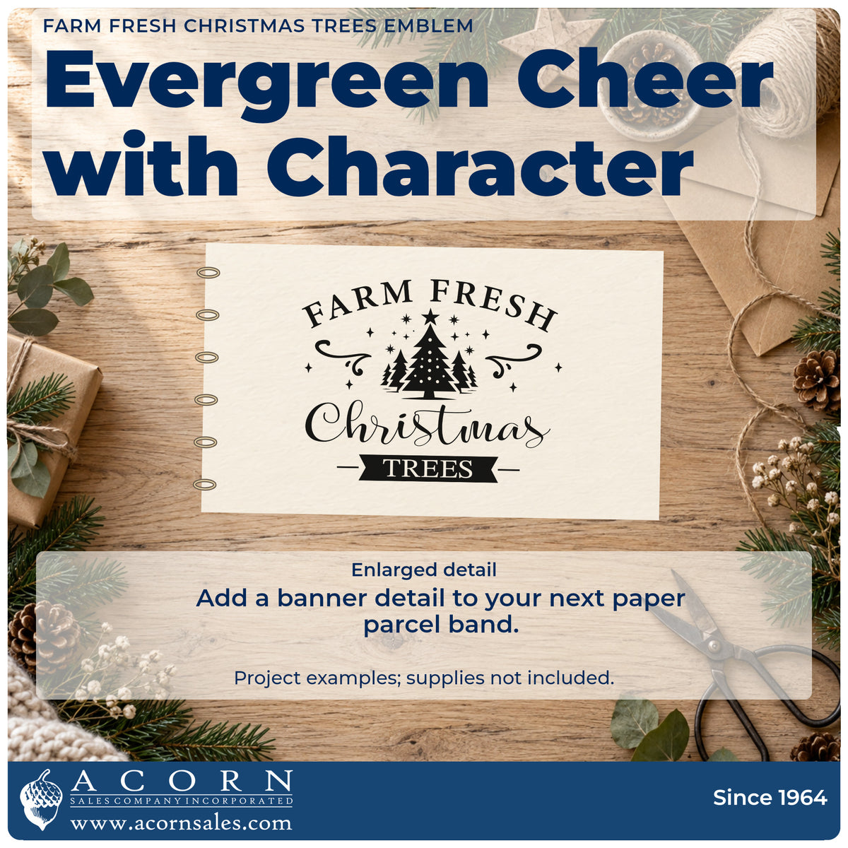Enlarged detail of the Farm Fresh Christmas Trees Emblem With Stars Self-Inking Stamp imprint. The words "Farm fresh Christmas trees" surround a cluster of trees with stars, flourishes, and a ribbon.
