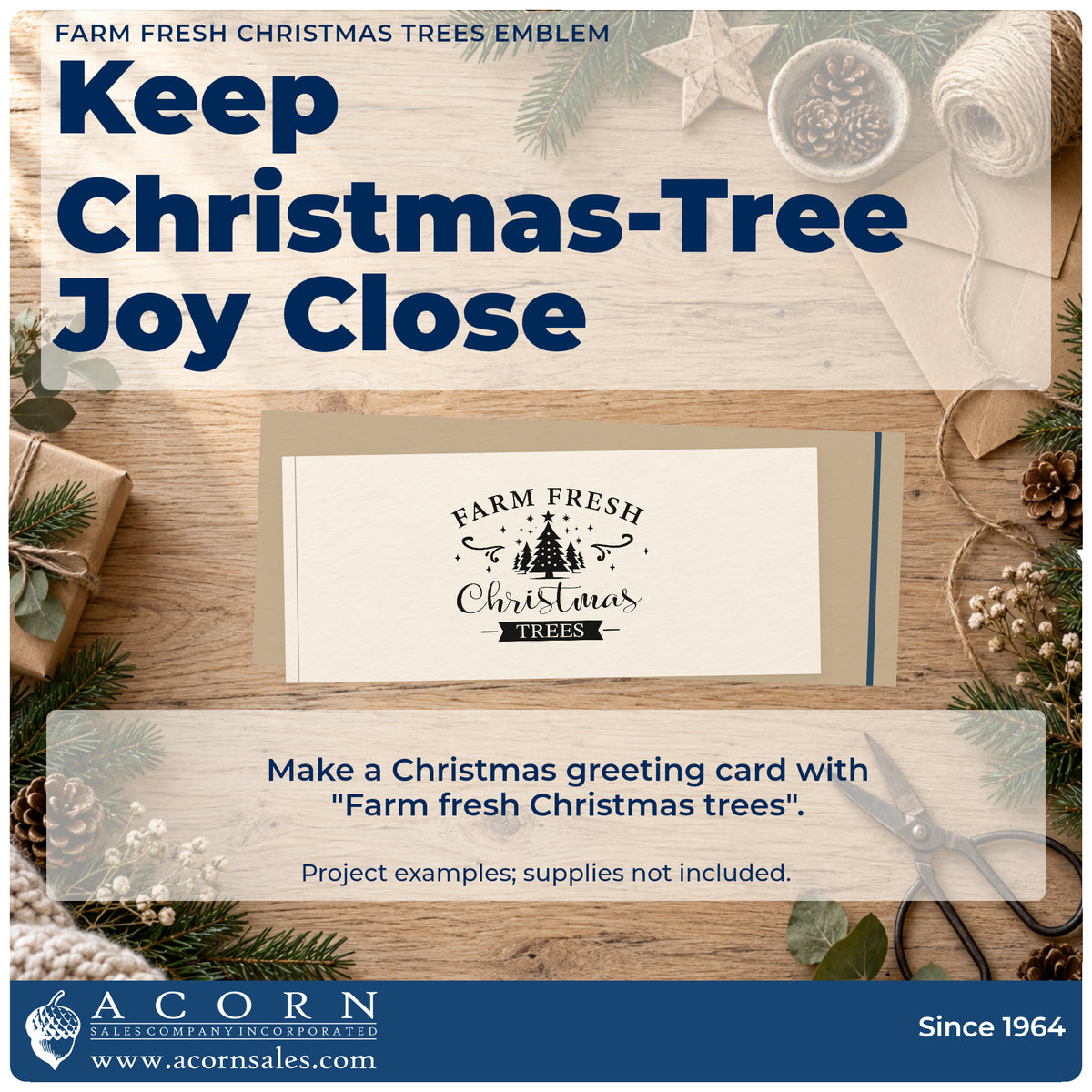 A finished handmade project stamped with the Farm Fresh Christmas Trees Emblem With Stars Hand Stamp – Duo, ideal for ribbon cards.