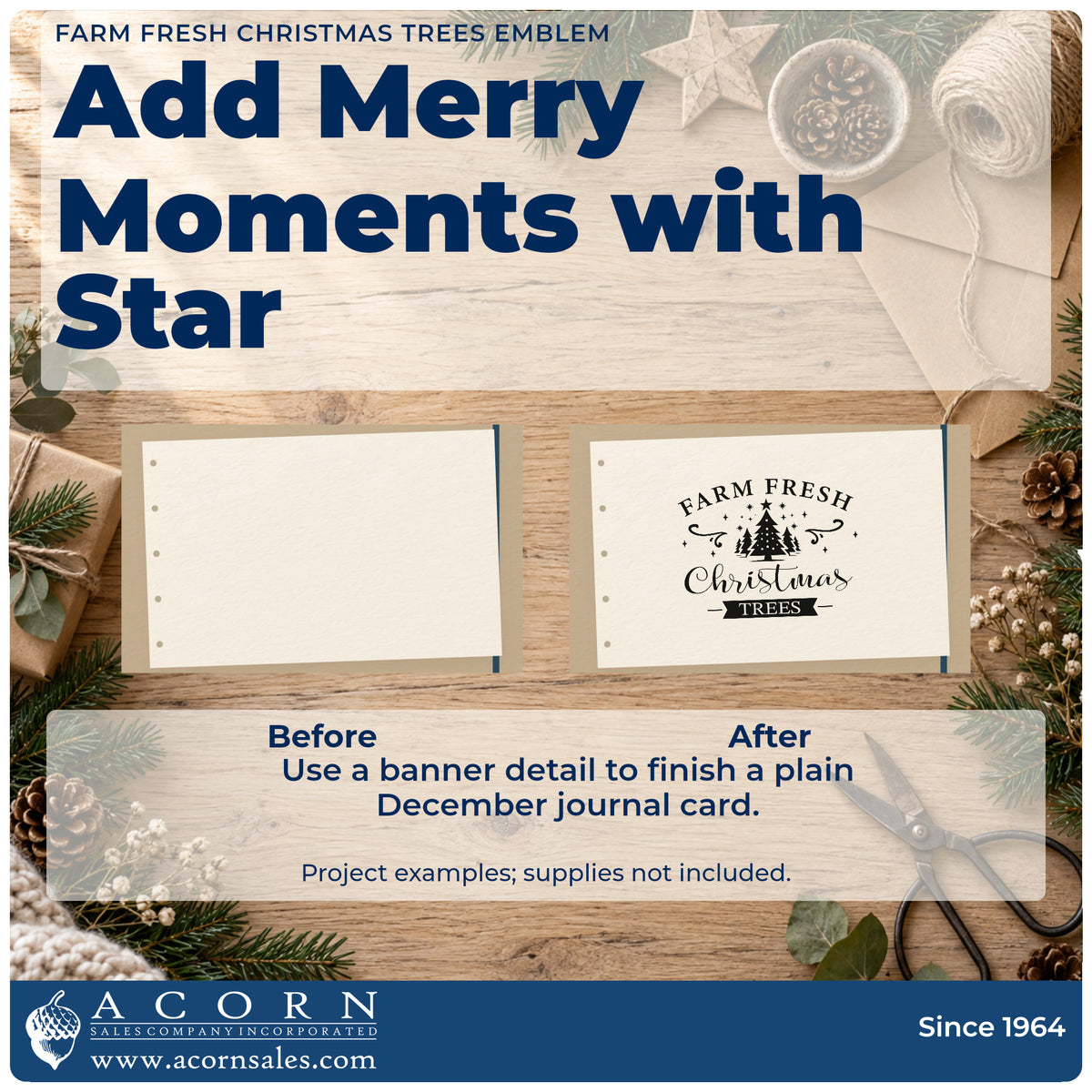 Before and after of a plain item finished with the Farm Fresh Christmas Trees Emblem With Stars PSI Pre-Inked Stamp, a quick upgrade for ribbon band printing.