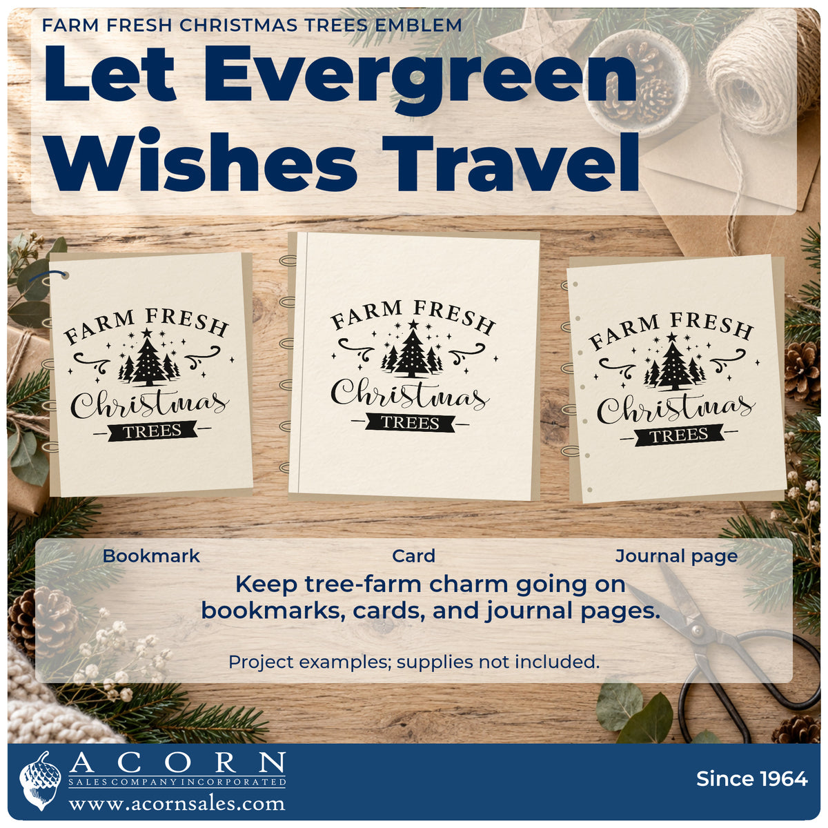 Three project examples made with the Premium Wooden Farm Fresh Christmas Trees Emblem With Stars Stamp – Vintage Pro, including bundle price tags.