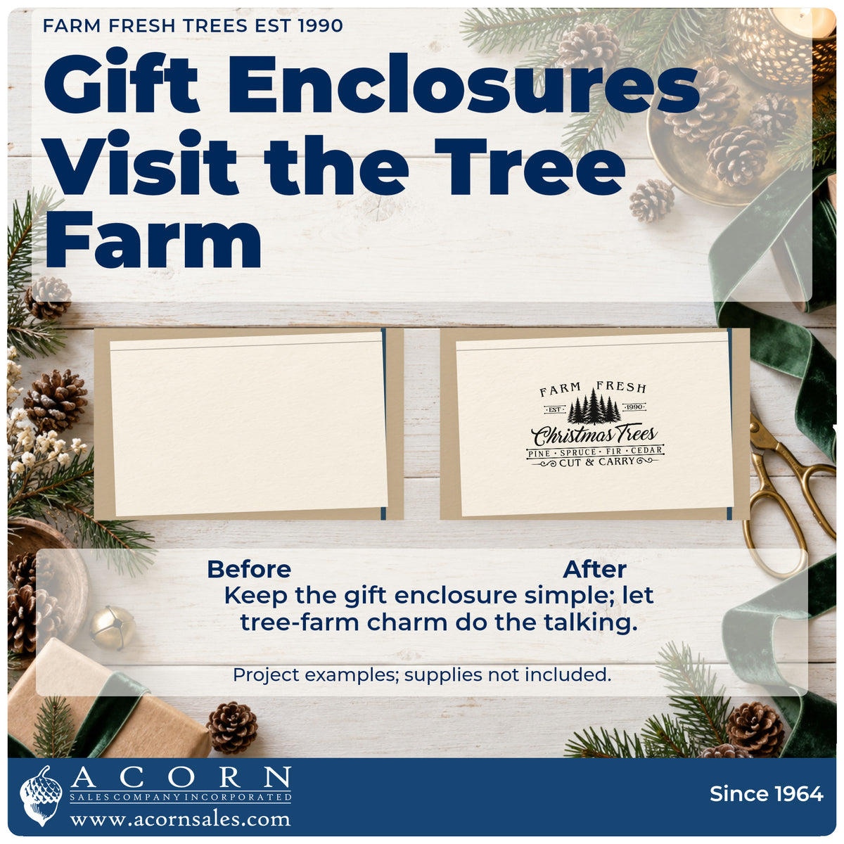 Before and after of a plain item finished with the Farm Fresh Trees Est 1990 Pine Motif Pre-Inked Stamp – Slim, a quick upgrade for framed office ledge.