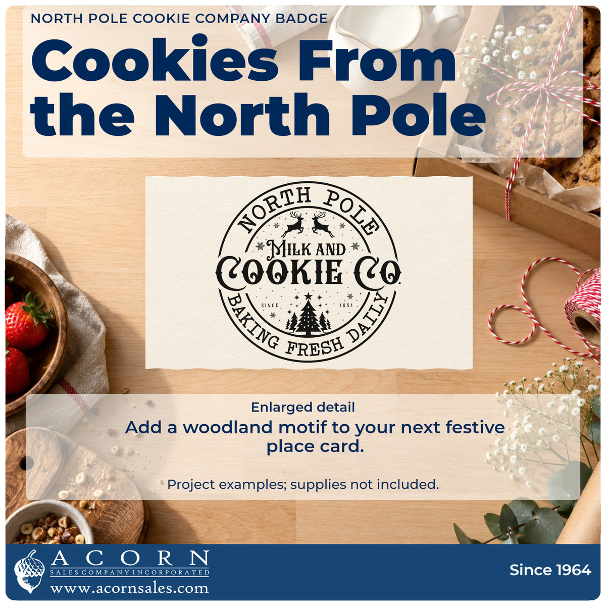 Enlarged detail of the North Pole Cookie Company Badge Self-Inking Stamp imprint. A circular badge reads "North Pole Milk and Cookie Co. baking fresh daily" with reindeer, trees, and stars.