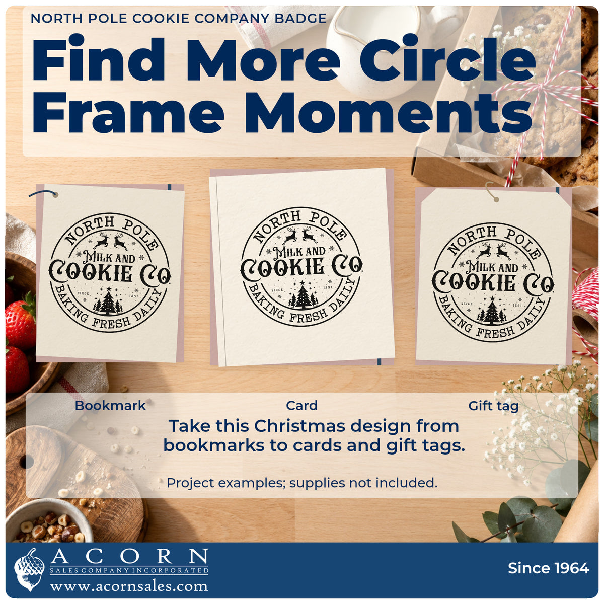 Three project examples made with the North Pole Cookie Company Badge Self-Inking Stamp, including dispatch log sheet.
