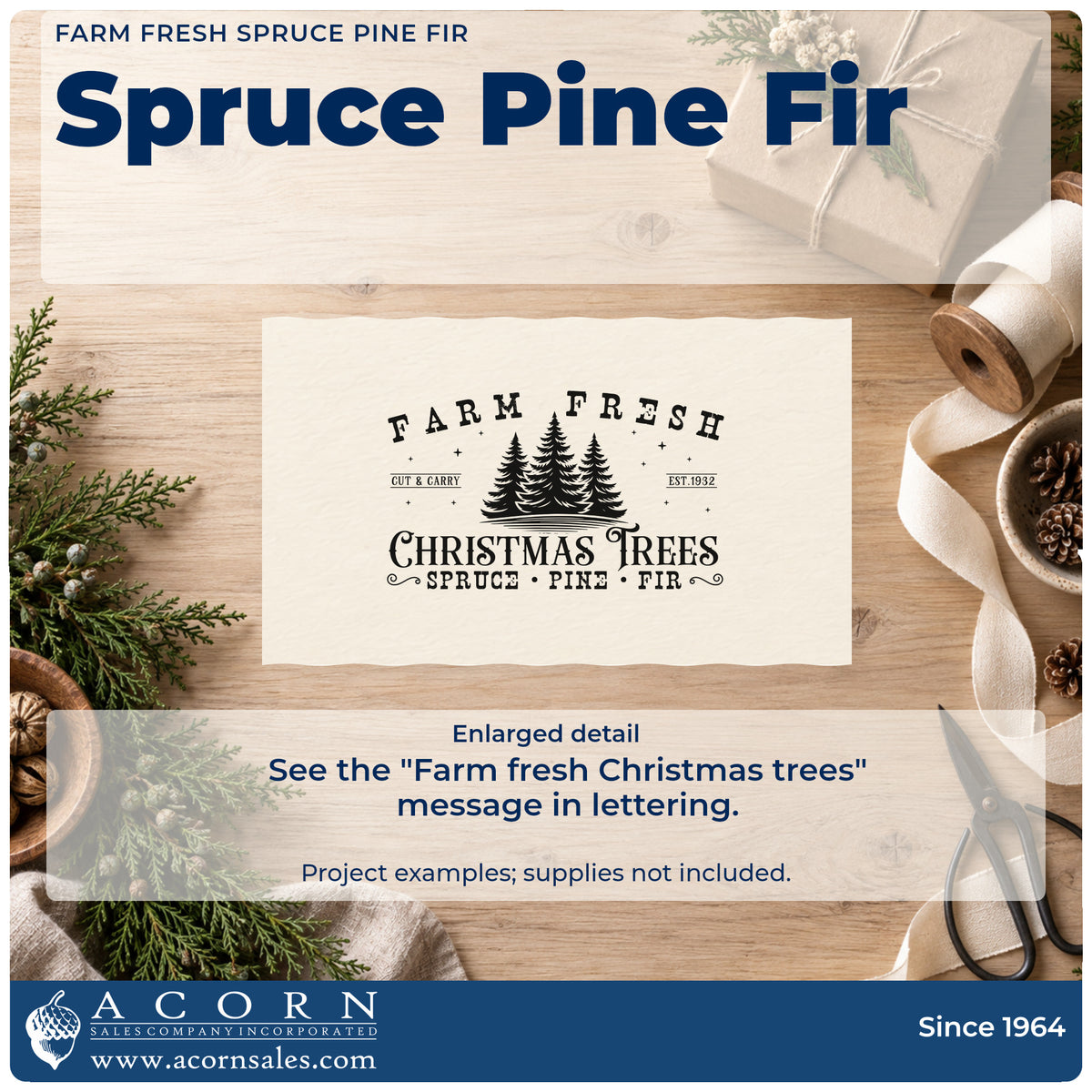 Enlarged detail of the Farm Fresh Spruce Pine Fir With Stars Rubber Stamp – Wood Handle imprint. The words "Farm fresh Christmas trees" appear around a row of pines with "spruce pine fir," stars, and cut-and-carry text.