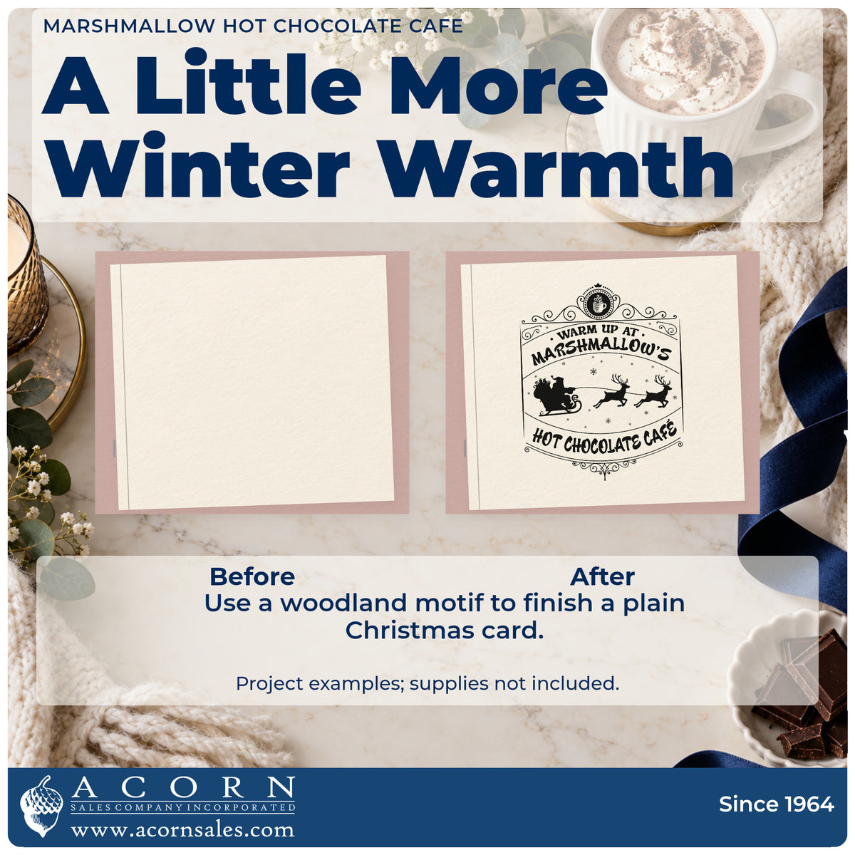Before and after of a plain item finished with the Warm Up At Marshmallow's Hot Chocolate Cafe Premium Wooden Stamp – Vintage Pro, a quick upgrade for framed cafe window.