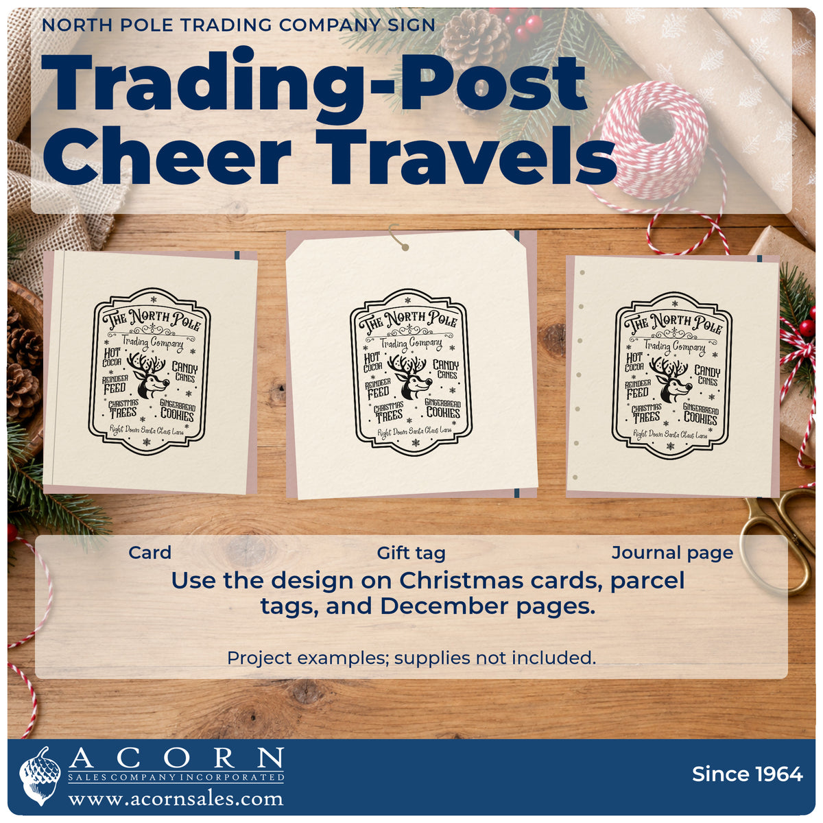 Three project examples made with the Pre-Inked North Pole Trading Company Sign Candy Cane Stamp – PSI, including stock order sheet.