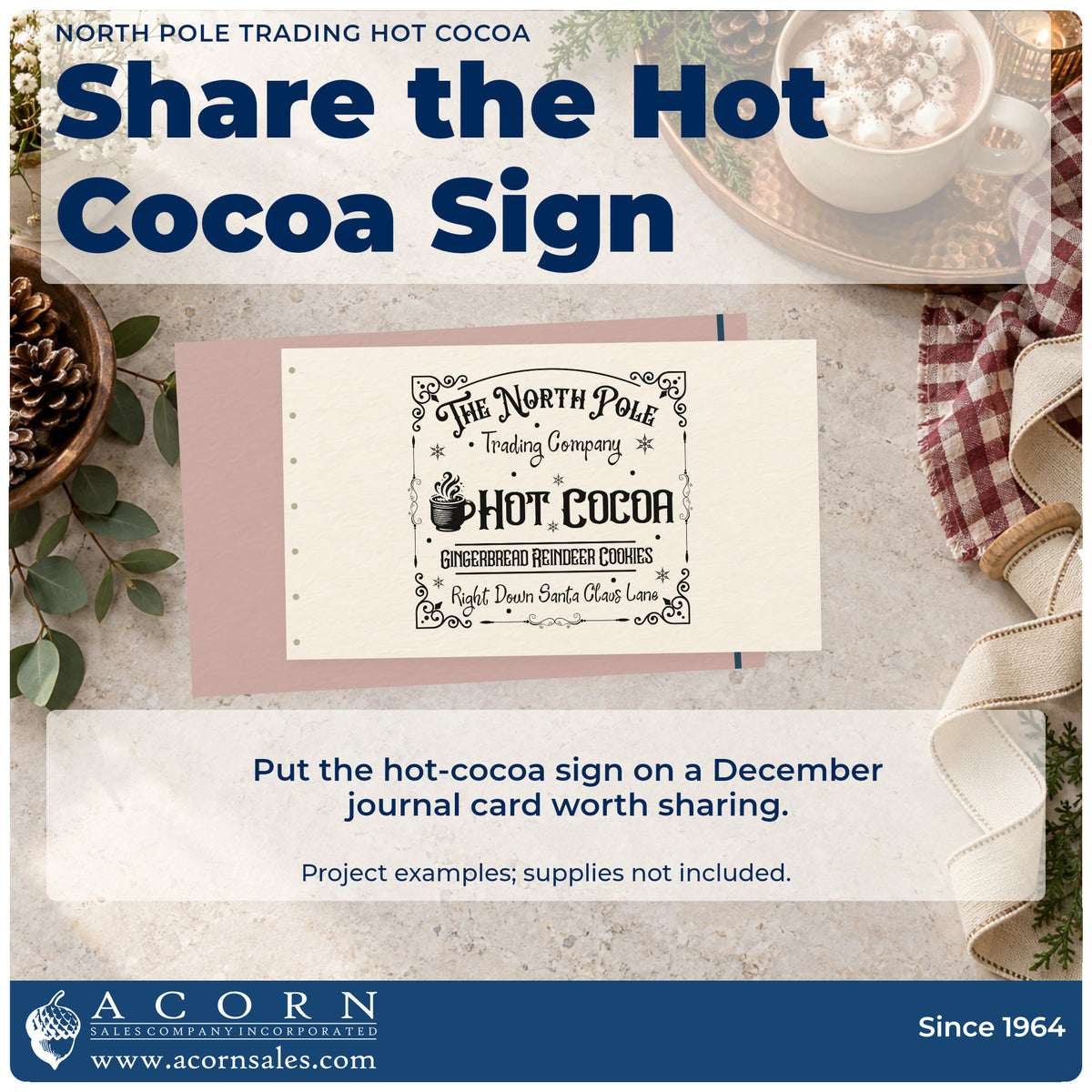 A finished handmade project stamped with the The North Pole Trading Company Hot Cocoa Premium Wood-Mounted Stamp – Vintage Pro, ideal for counter album page.