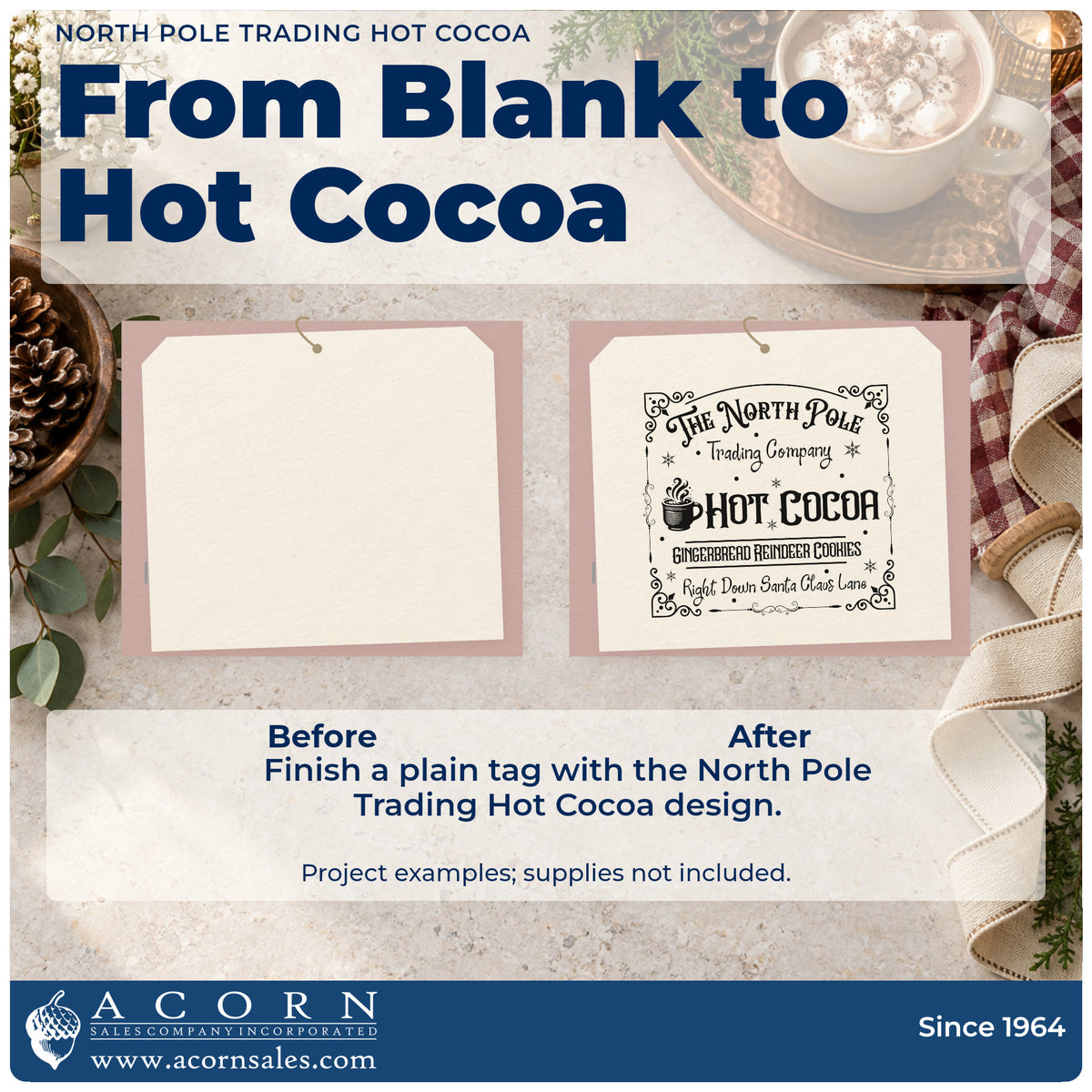 Before and after of a plain item finished with the The North Pole Trading Company Hot Cocoa Premium Wood-Mounted Stamp – Vintage Pro, a quick upgrade for framed menu board.