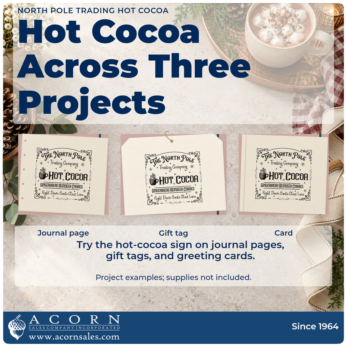 Three project examples made with the The North Pole Trading Company Hot Cocoa Premium Wood-Mounted Stamp – Vintage Pro, including batch prep sheet.