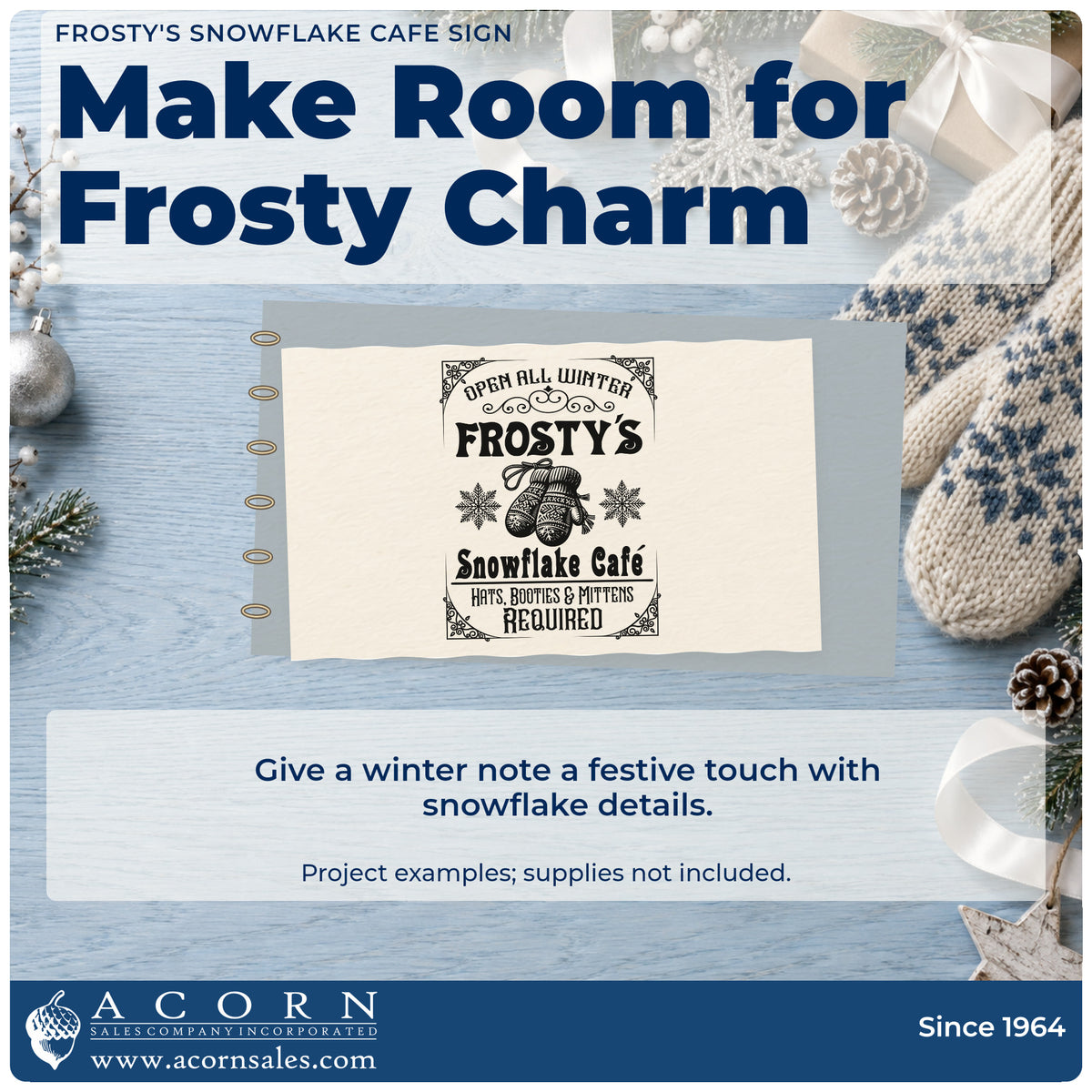 A finished handmade project stamped with the Frosty's Snowflake Cafe Sign Mittens Rubber Stamp – Wood Handle, ideal for outfit album page.