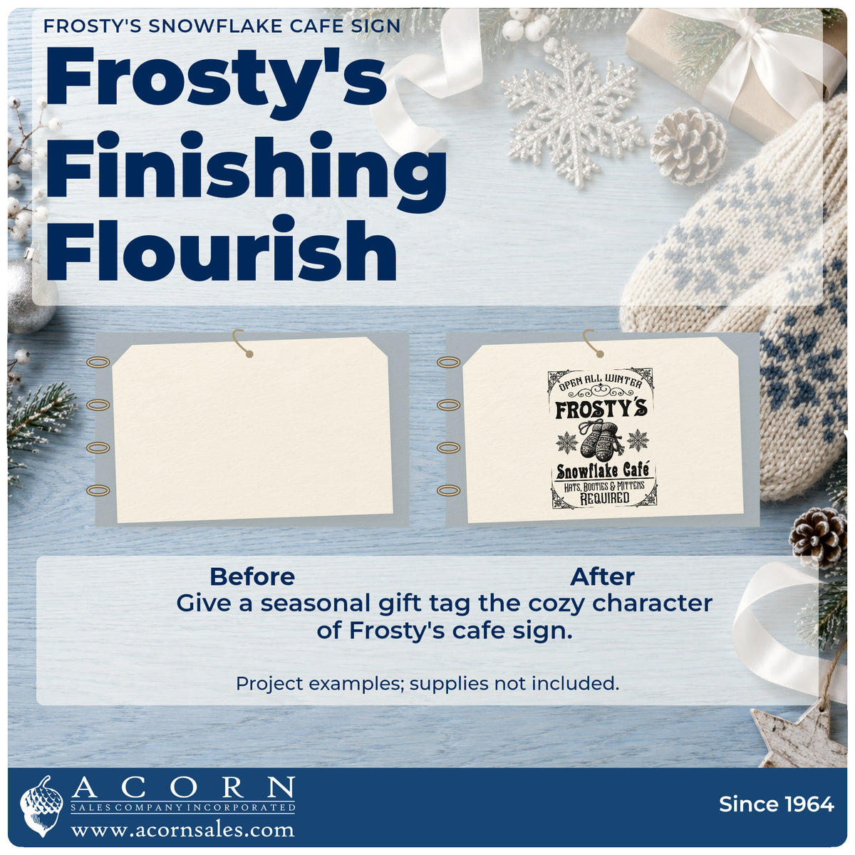 Before and after of a plain item finished with the Frosty's Snowflake Cafe Sign Mittens Stamp – Self-Inking, a quick upgrade for framed entry door.