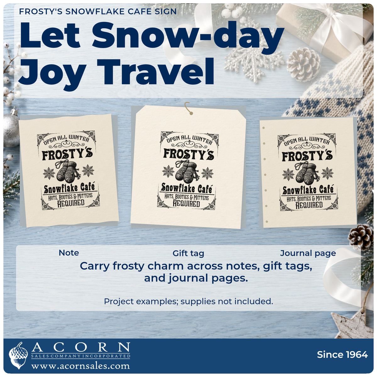 Three project examples made with the Premium Wooden Frosty's Snowflake Cafe Sign Mittens Stamp – Vintage Pro, including house rule sheet.