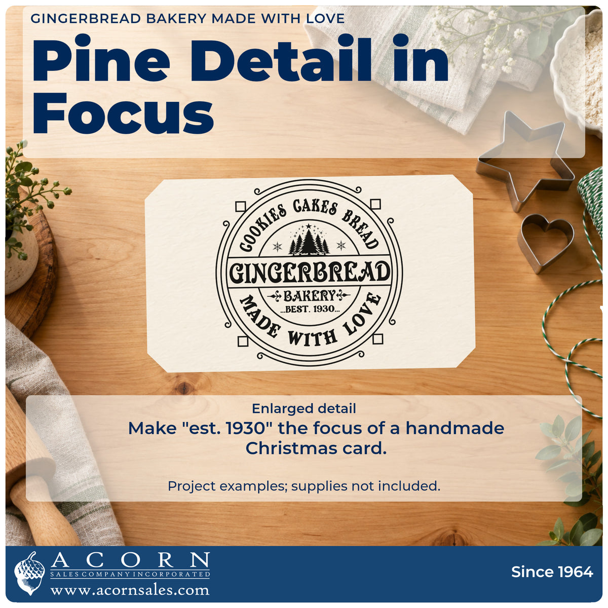 Enlarged detail of the Gingerbread Bakery Made With Love Self-Inking Craft Stamp imprint. A round badge reads "Cookies cakes bread Gingerbread Bakery made with love" with pine trees and "est. 1930."